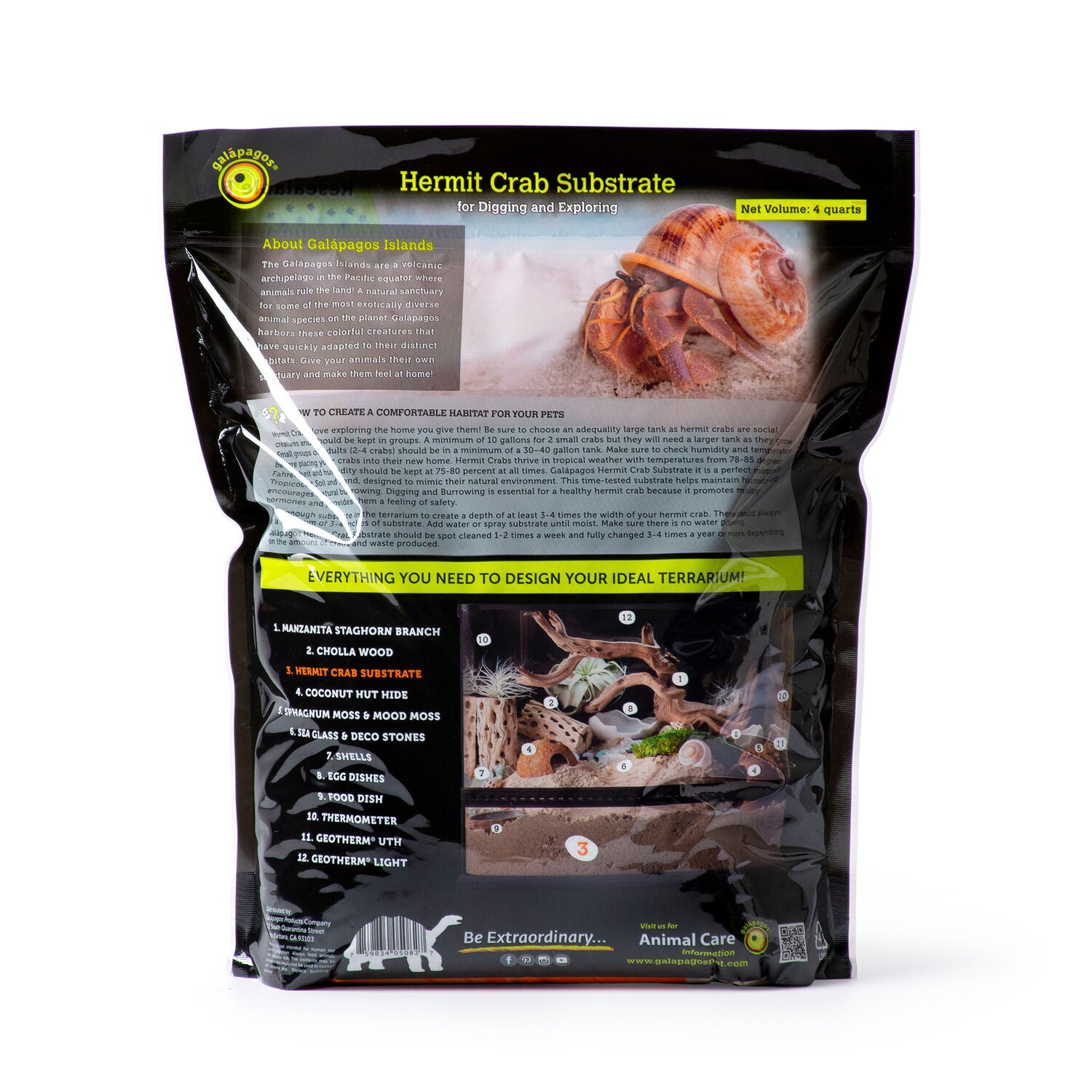 Gal&aacute;pagos Hermit Crab Substrate, Soil & Sand, 4Qt Stand-Up Pouch