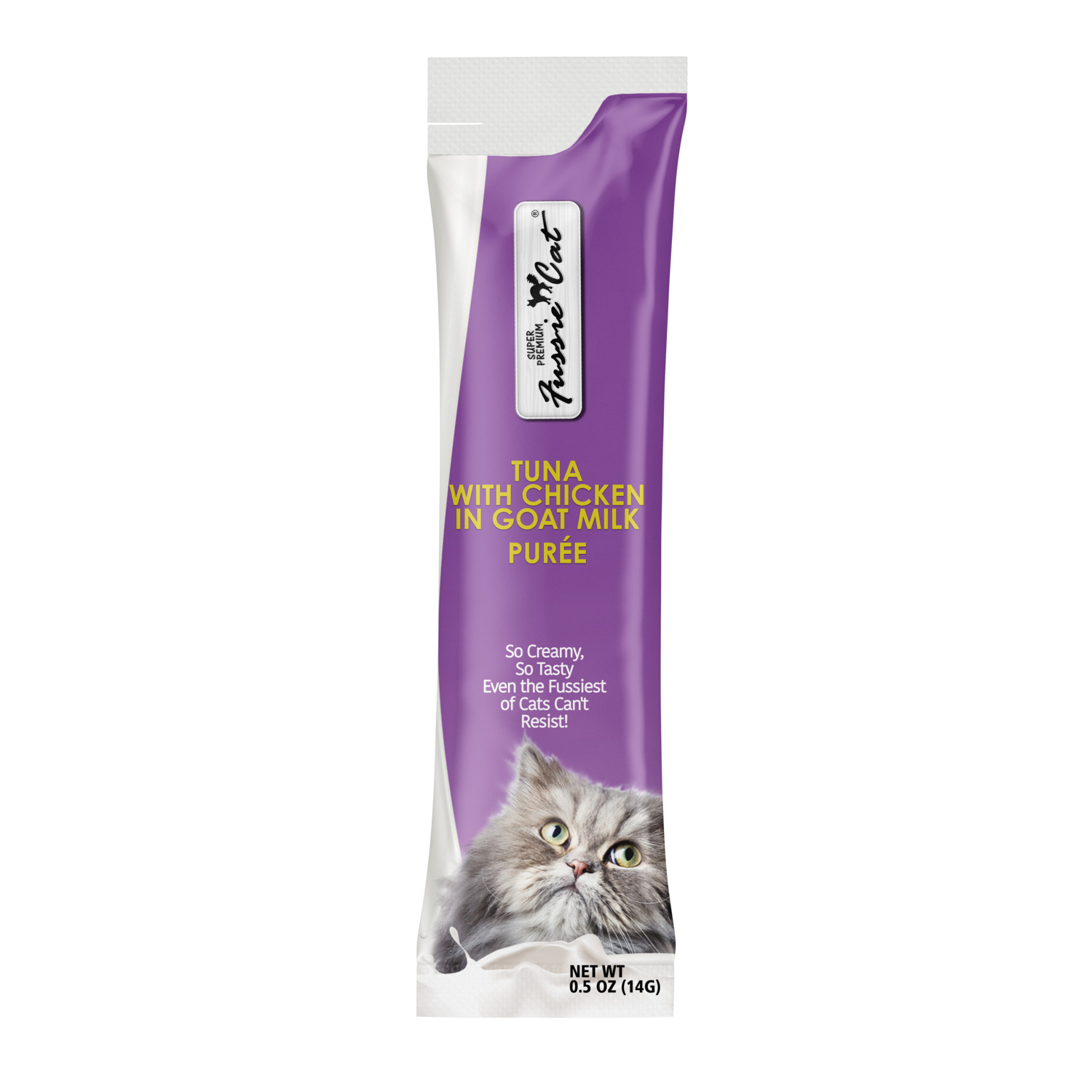 Fussie Cat Premium Tuna With Chicken In Goat Milk Puree Lickable Cat Treat, 4-2Oz Tubes