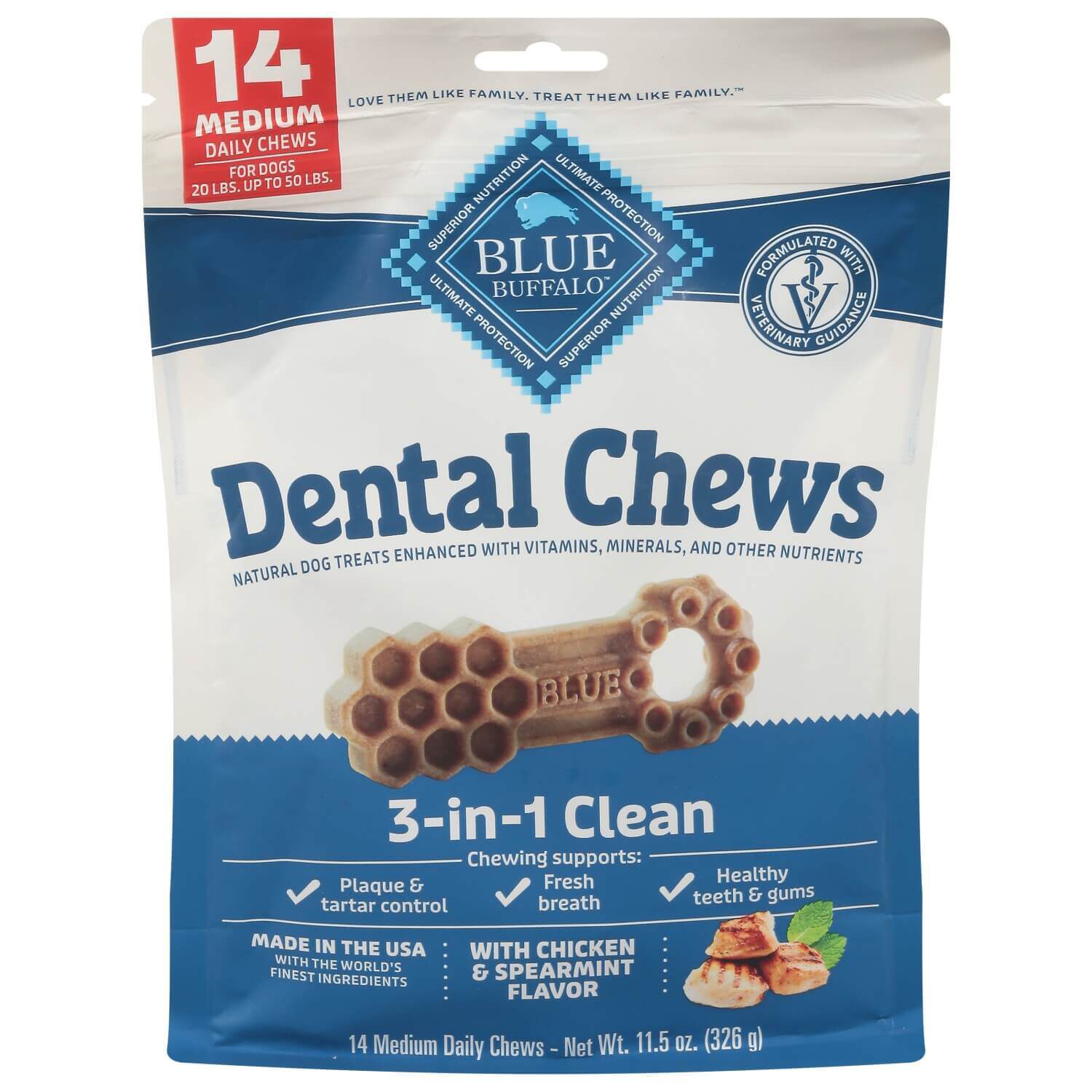 Blue Buffalo 3-In-1 Medium Sized Dog Dental Chews, Chicken & Spearmint Flavor, 14 Ct