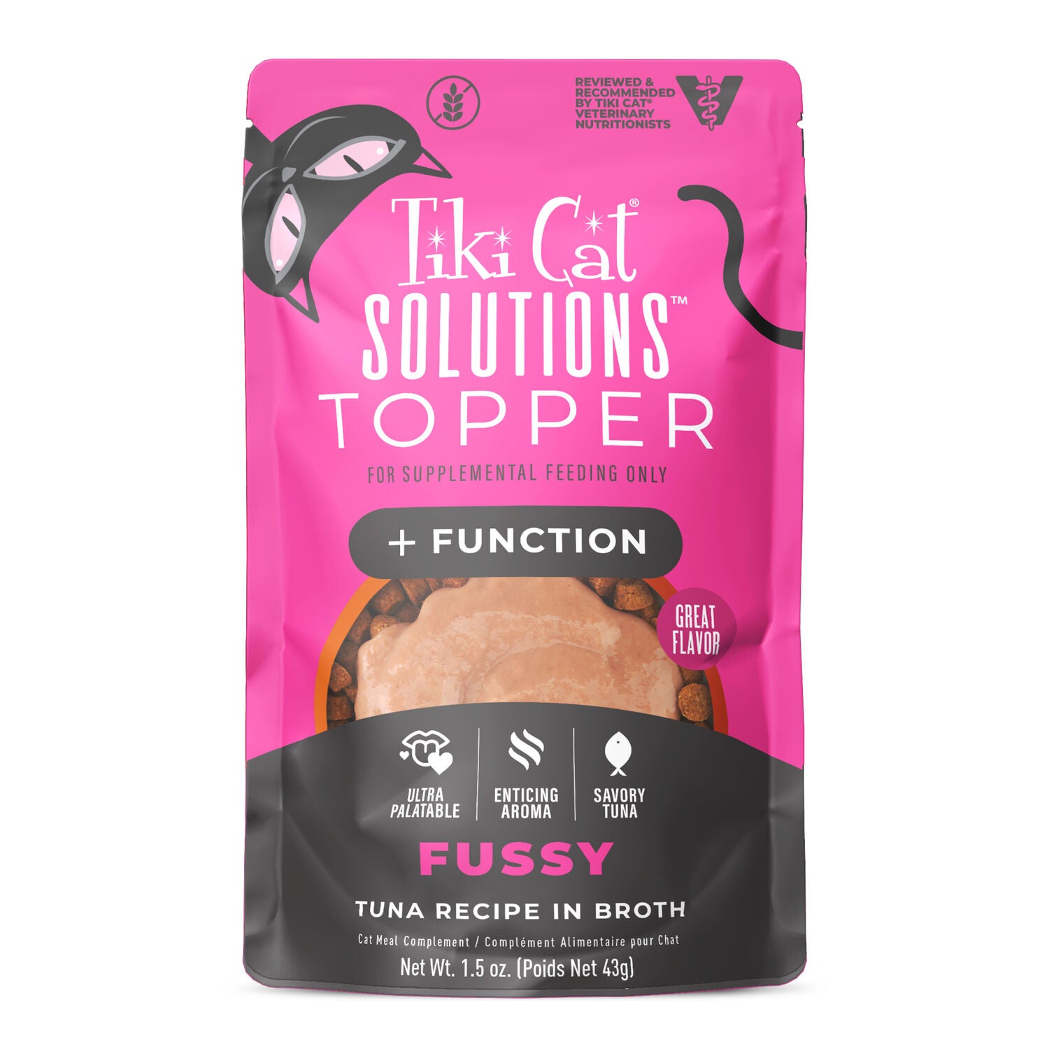 Tiki Cat Solutions Topper, Fussy, Tuna Recipe In Broth, 1.5-Oz Pouch Pack Of 12