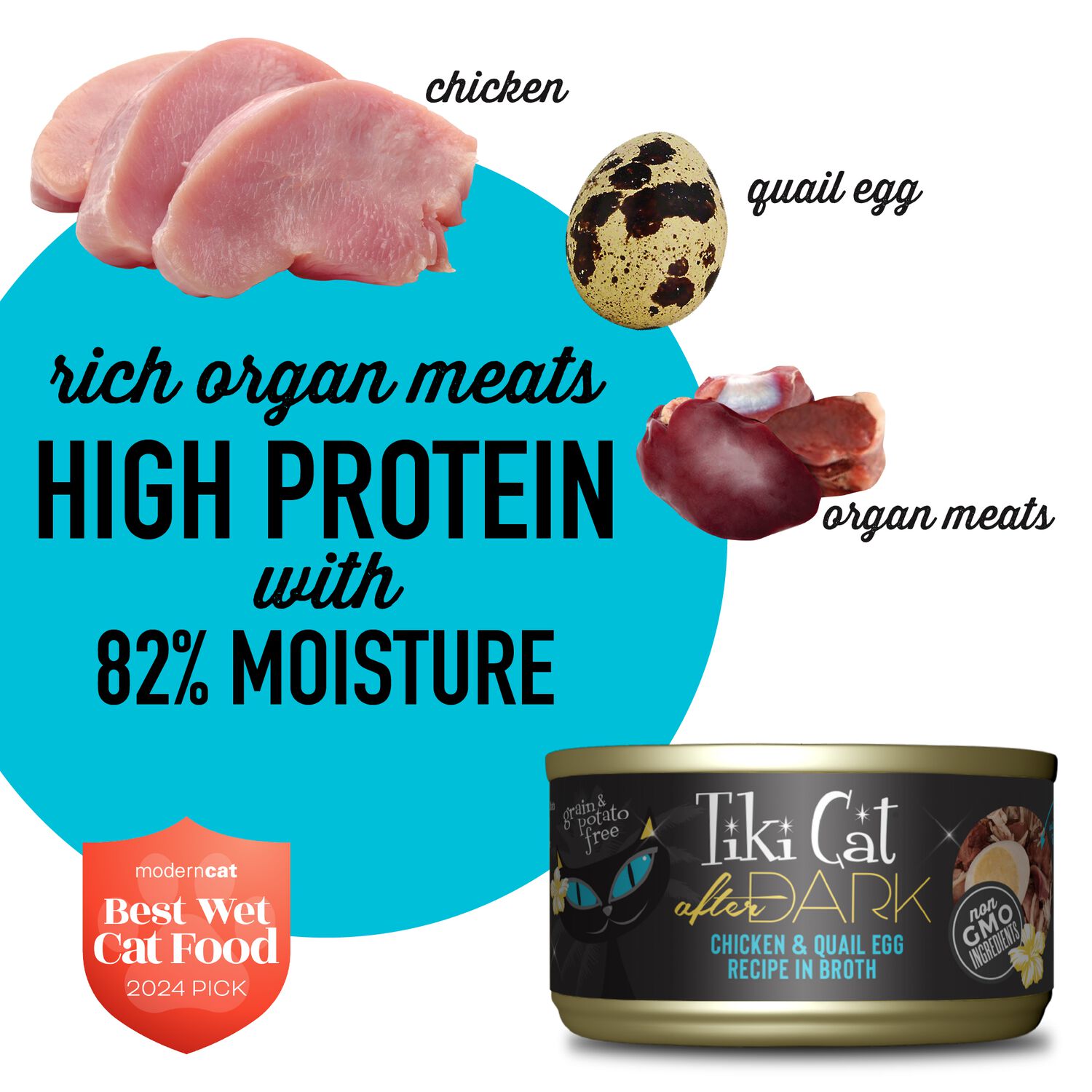 Tiki Cat After Dark Whole Foods Wet Cat Food, Chicken & Quail Egg, 2.8-Oz Can
