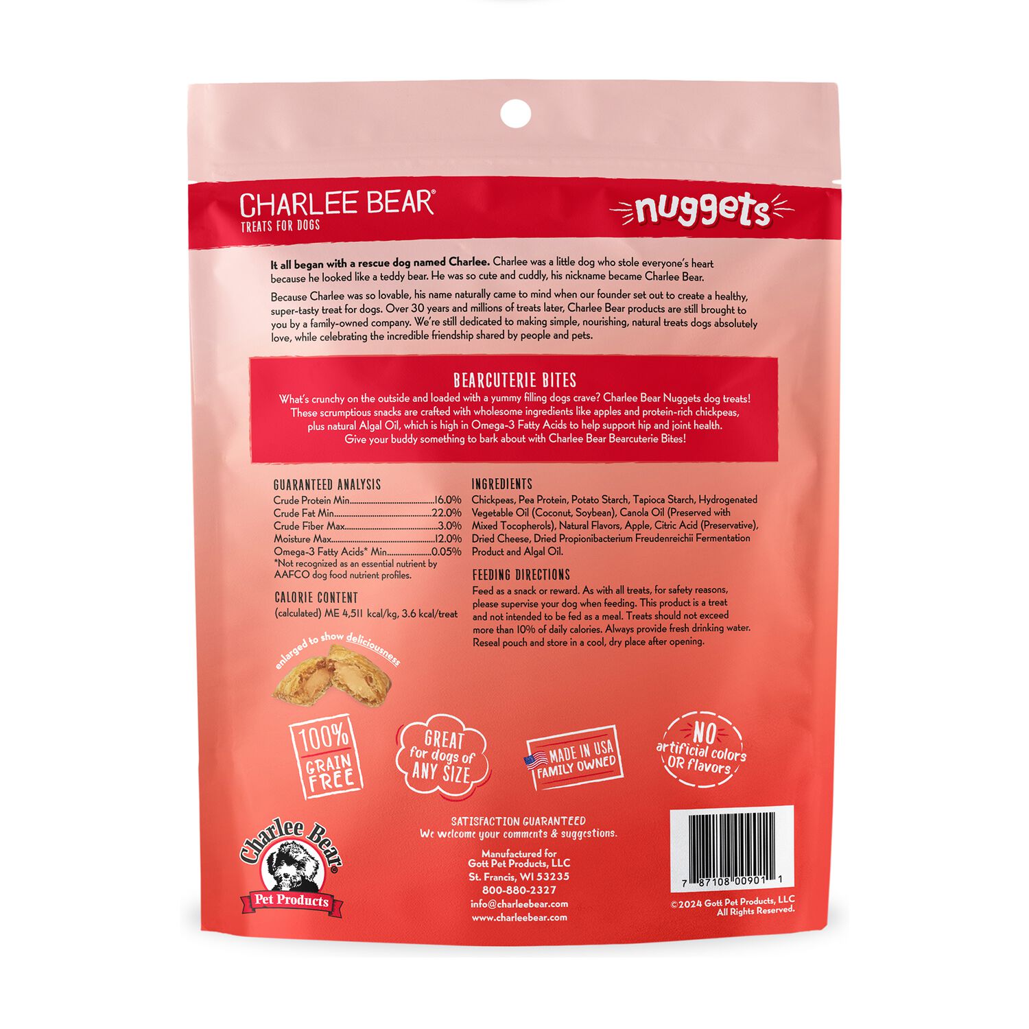 Charlee Bear Nuggets Grain-Free Crunchy Hip & Joint Dog Treats, Bearcuterie Bites, 6-Oz