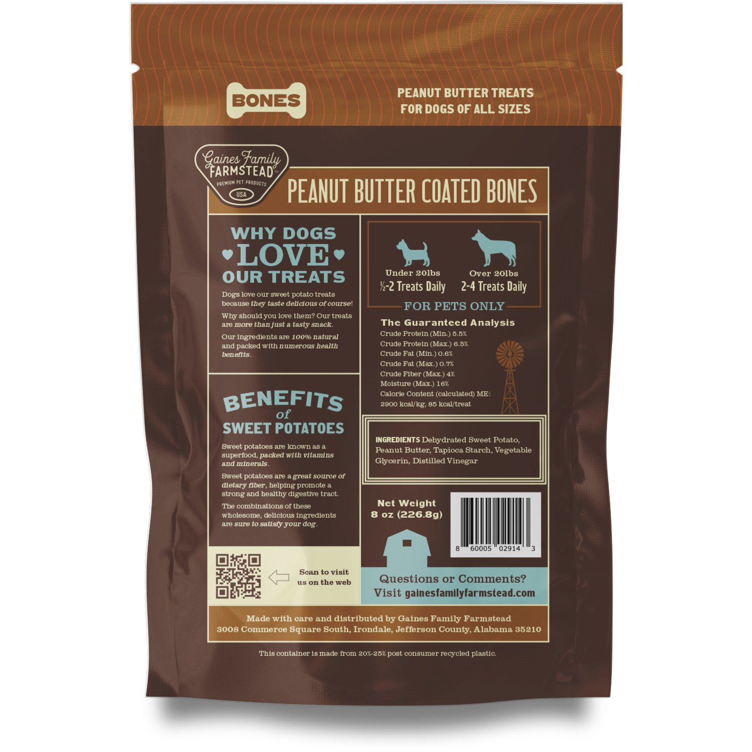 Gaines Family Farmstead Sweet Potato Bones With Peanut Butter Coating Dog Treats, 8-Oz Bag