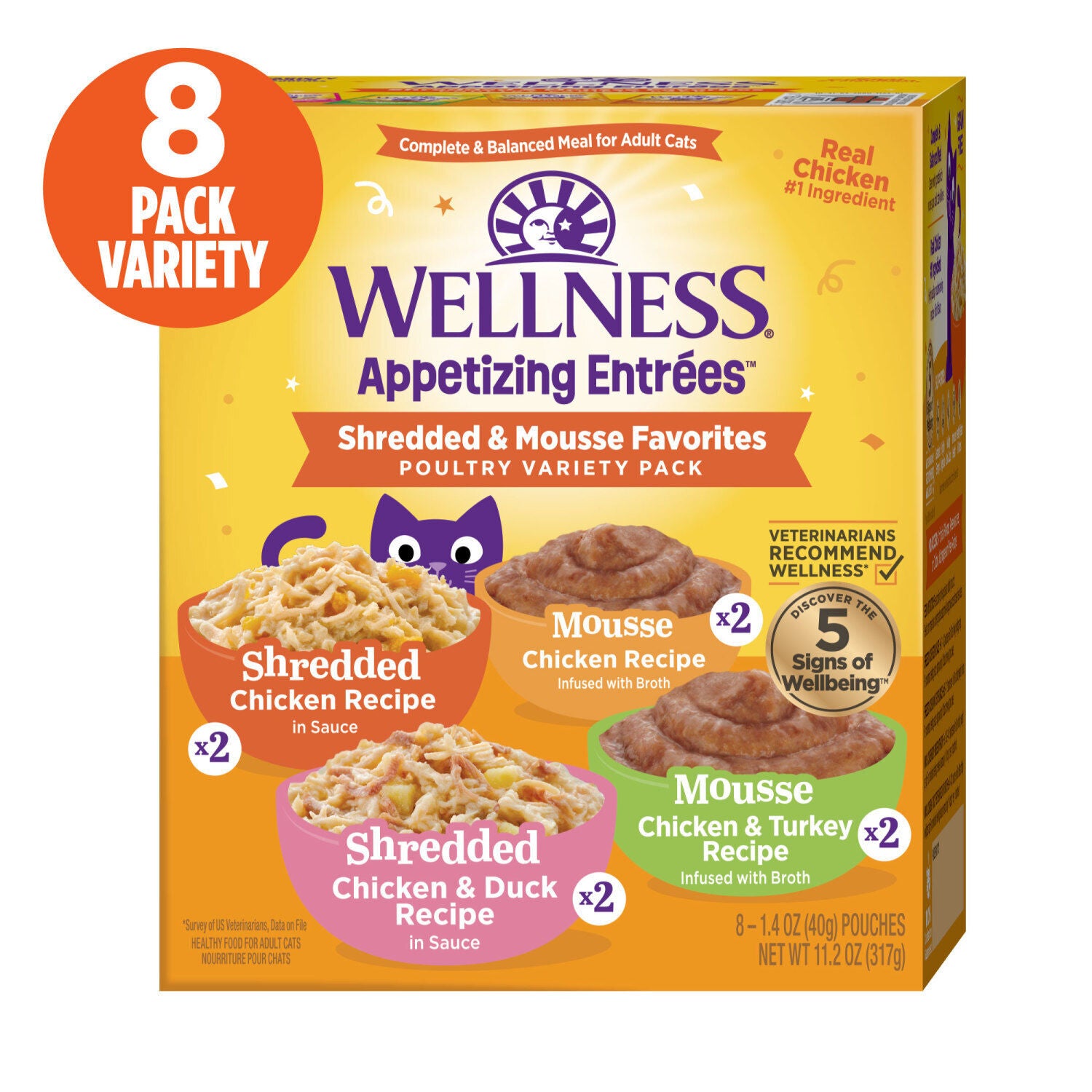 Wellness Appetizing Entrees Shredded & Mousse Adult Wet Cat Food, Natural, Protein-Rich, Grain-Free Poultry Variety Pack, 1.4-Oz Pouch 8-Pack