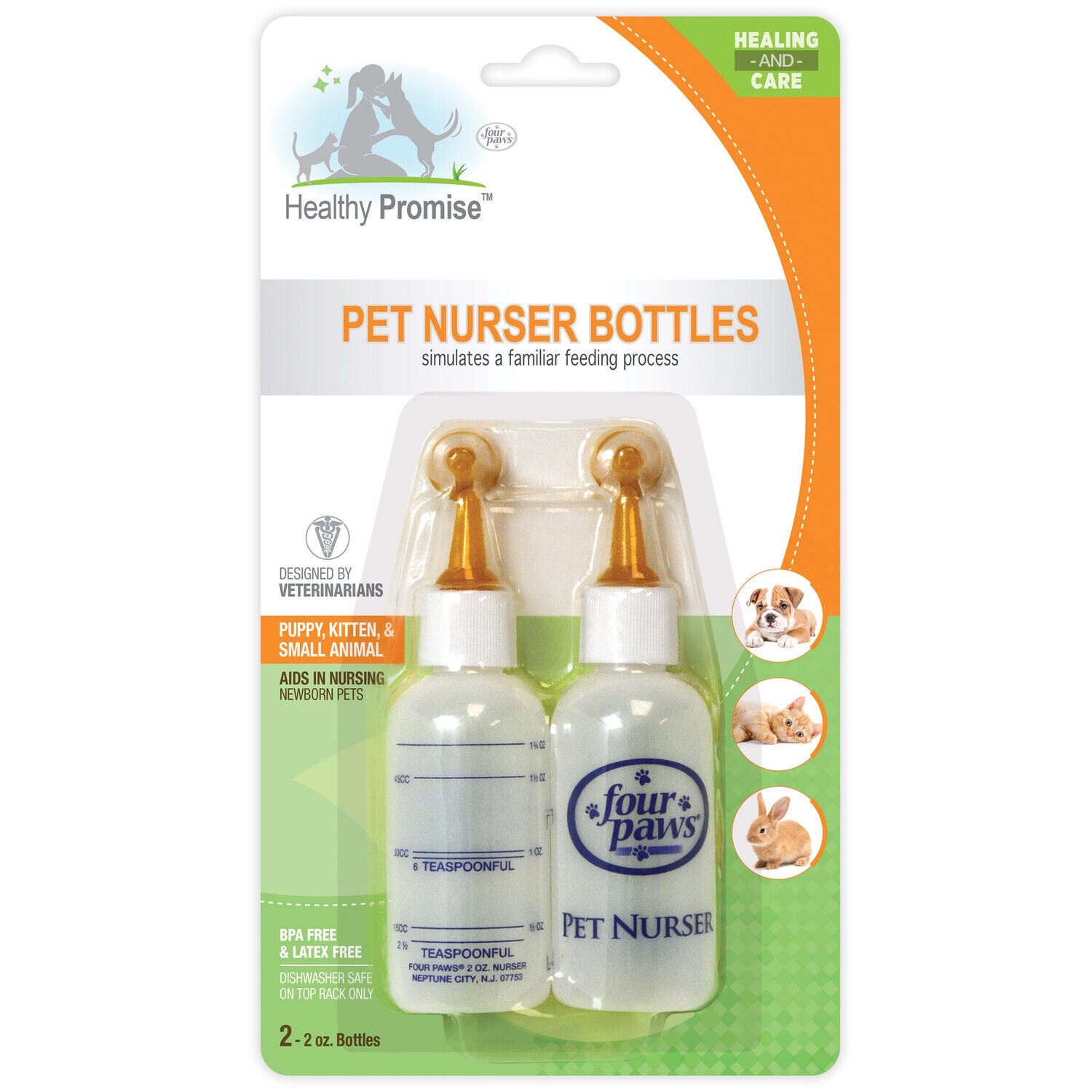 Four Paws Healthy Promise Puppy & Kitten Nursing Bottles For Hand Feeding, 2 Pack