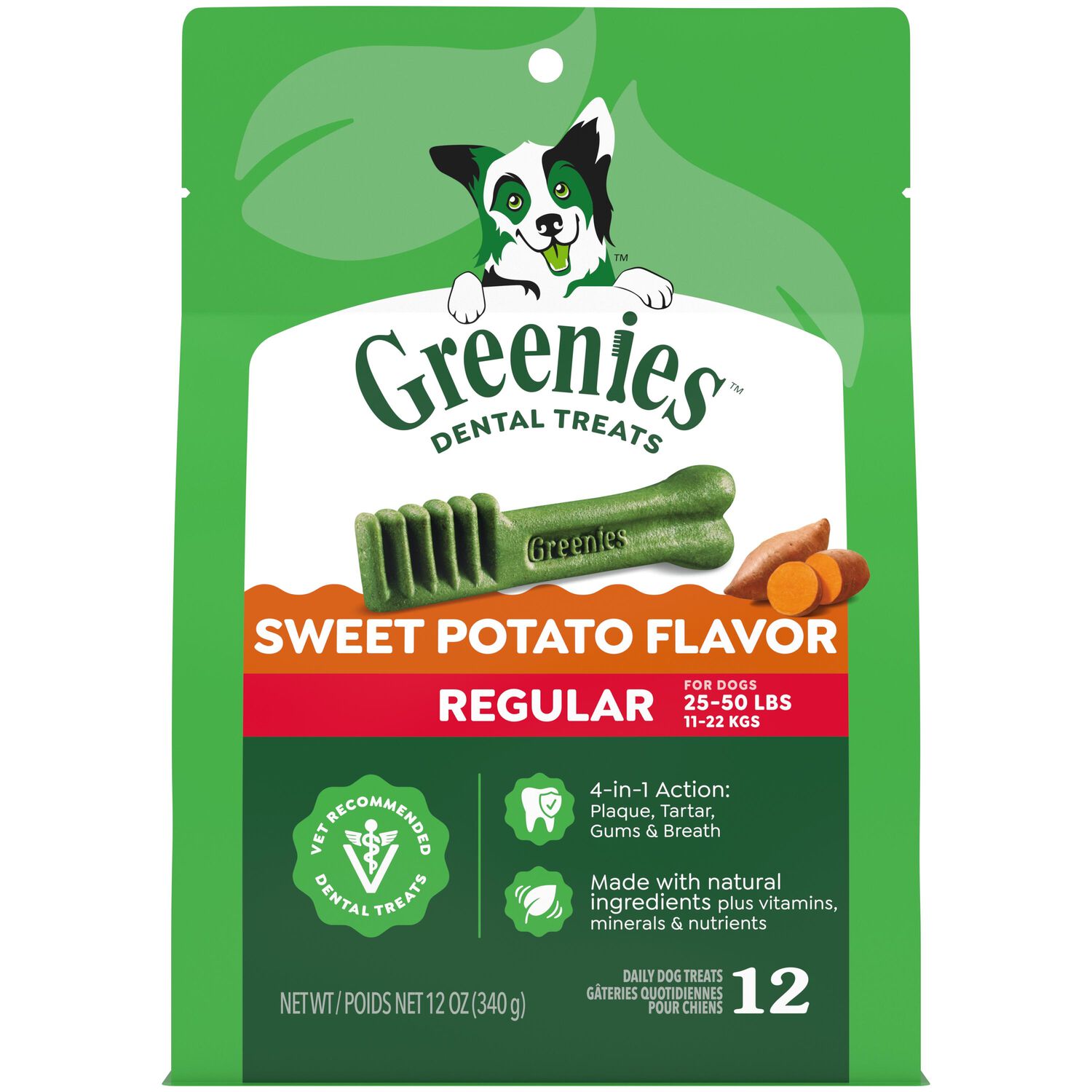 Greenies Natural Sweet Potato Flavor Regular Size Dental Dog Treats, 12 Oz, 12 Count