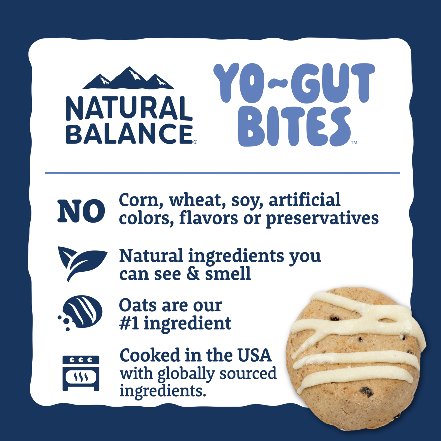 Natural Balance Yo-Gut Bites Biscuit Dog Treats, Oats & Blueberries With Greek Yogurt Drizzle, 10-Oz Bag