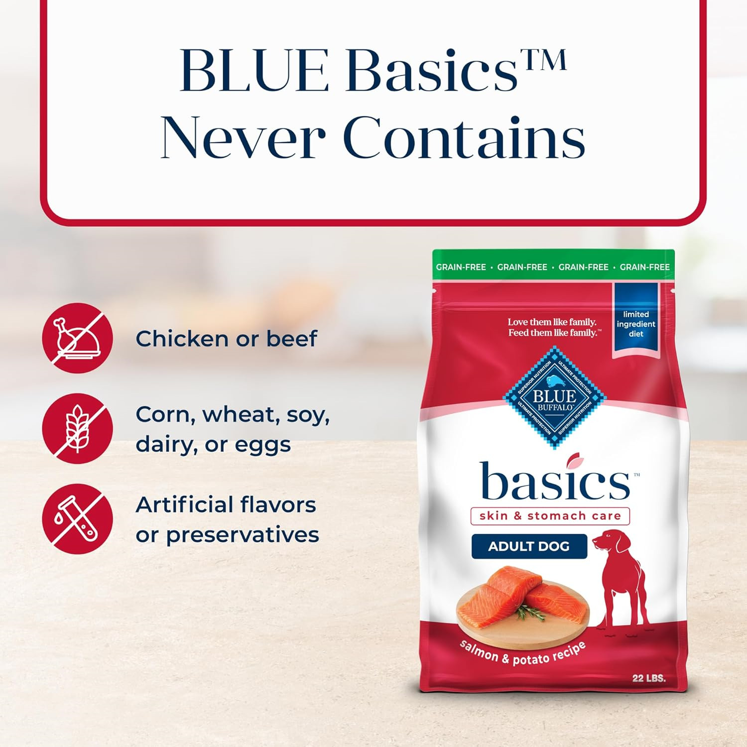 Blue Buffalo Basics Skin & Stomach Care, Grain Free Natural Adult Dry Dog Food, Salmon & Potato 22-Lb