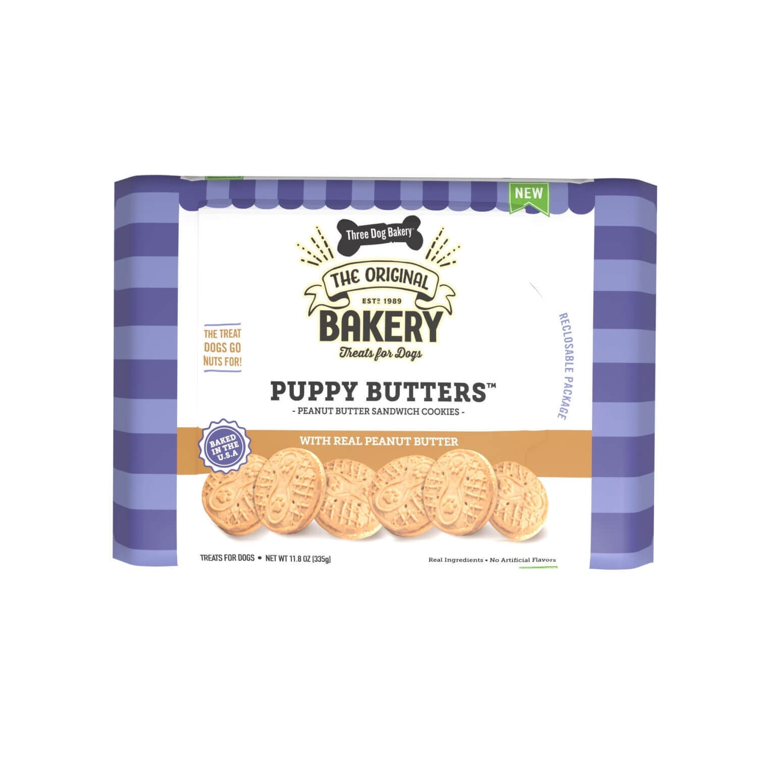 Three Dog Bakery Puppy Butters Peanut Butter Sandwich Cookies Dog Treats, 11.8-Oz