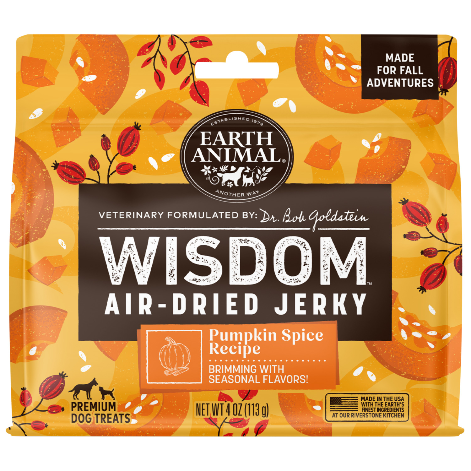 Earth Animal Wisdom Air-Dried Premium Natural Jerky Strips Dog Treats, Seasonal Pumpkin Spice Recipe - 4-Oz
