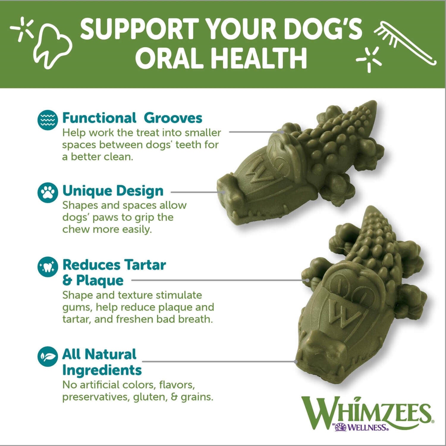 Whimzees Alligator Natural Grain Free Daily Dental Long Lasting Dog Treats, Small, 1 Count