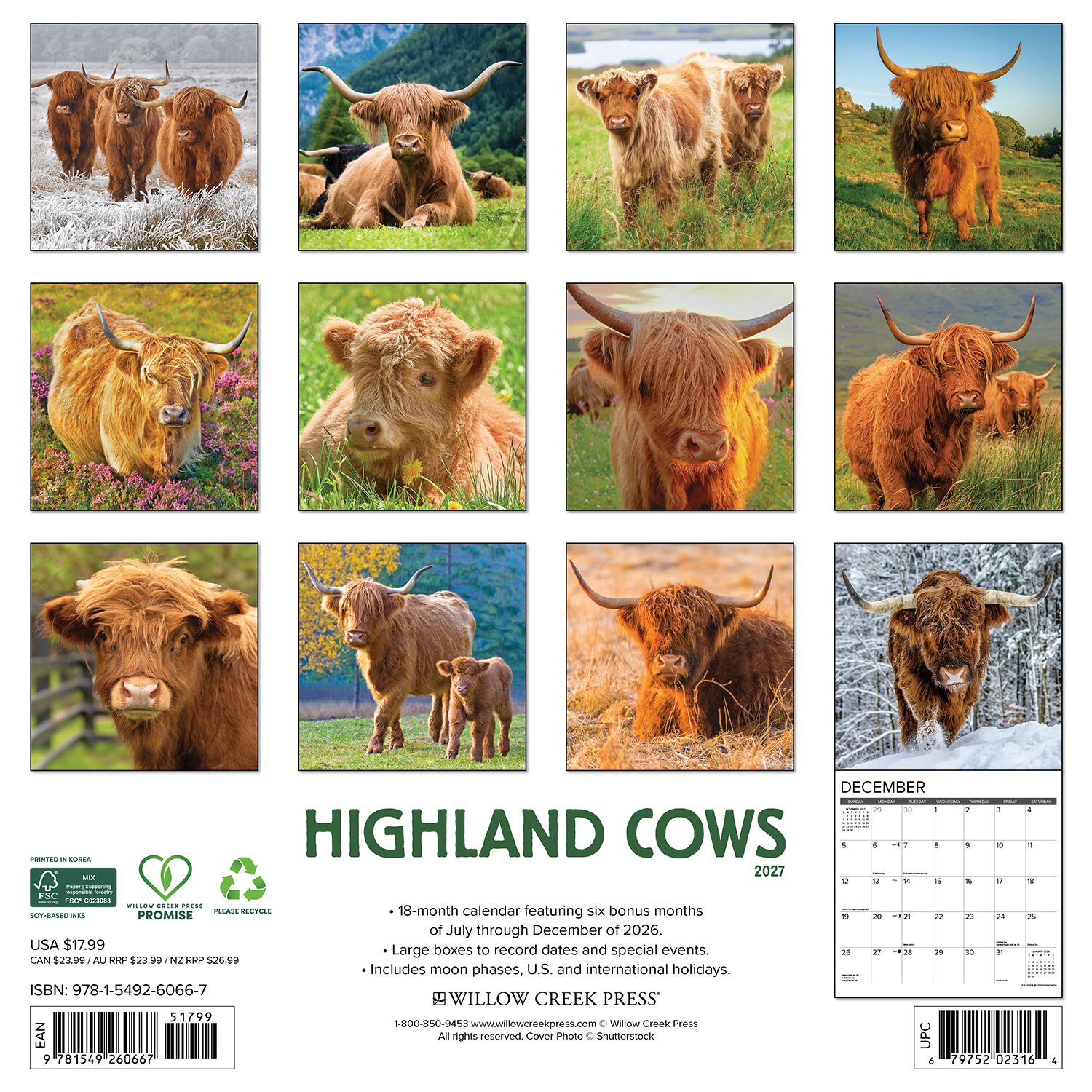 Willow Creek Press Highland Cows 2027 12" X 12" Wall Calendar