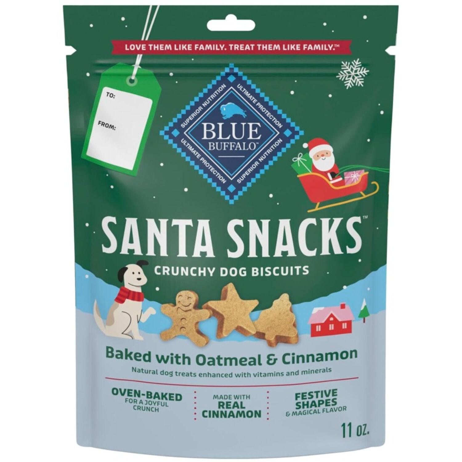Blue Buffalo Santa Snacks Natural Crunchy Biscuit Dog Treats, Oatmeal & Cinnamon Treats 11Oz