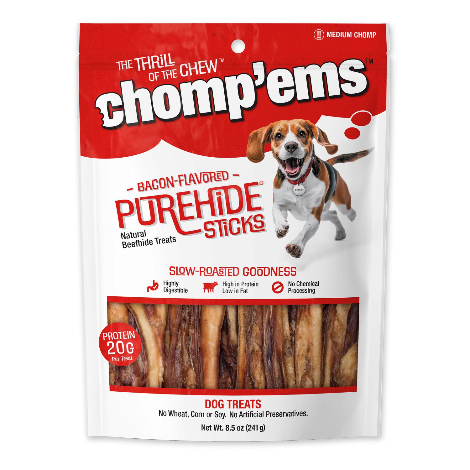 Chomp'ems Purehide Bacon Flavored Rawhide Sticks Dog Treats, 8.5-Oz