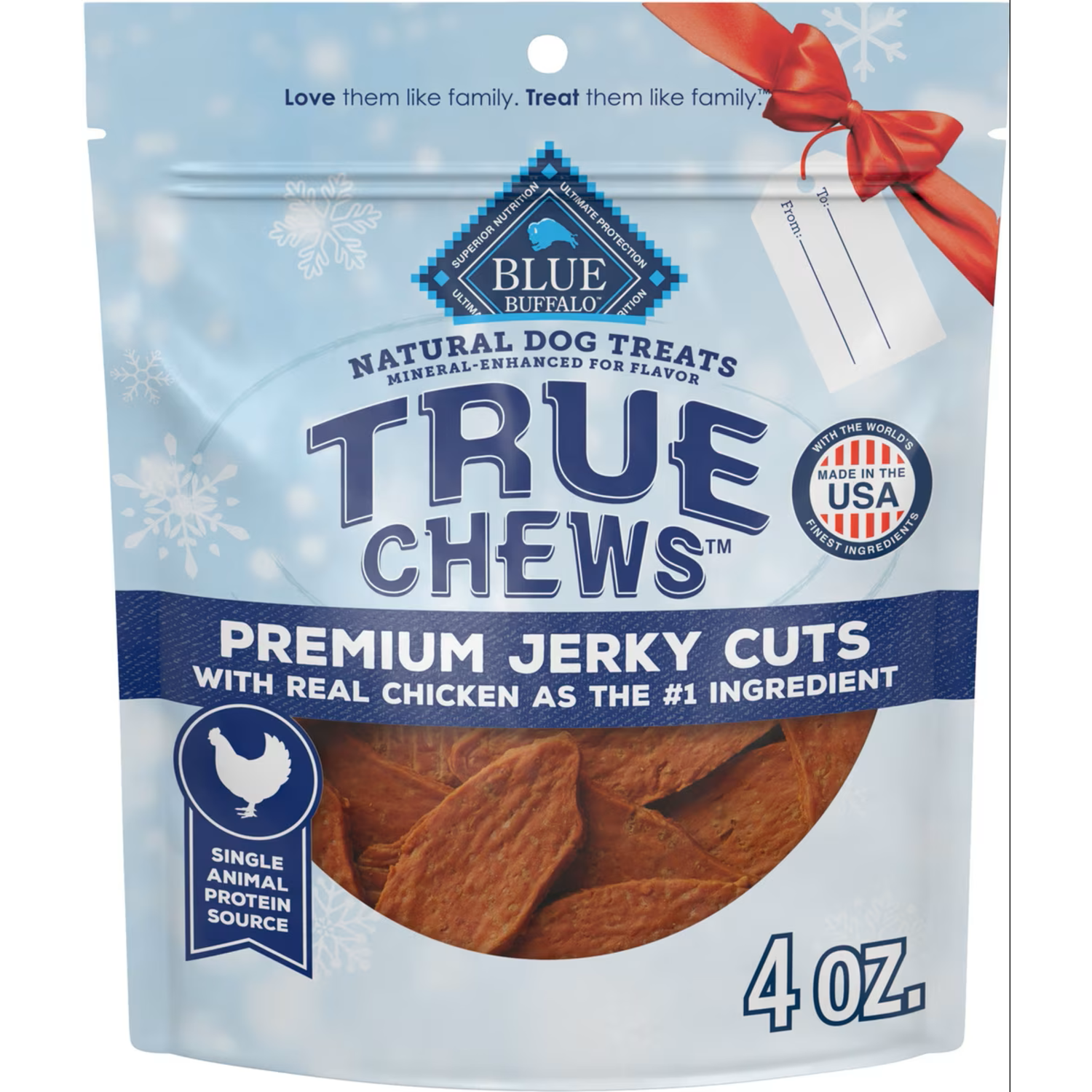 Blue Buffalo True Chews Premium Jerky Cuts Made With Real Chicken, Holiday Chicken Jerky Dog Treats, 4-Oz Bag