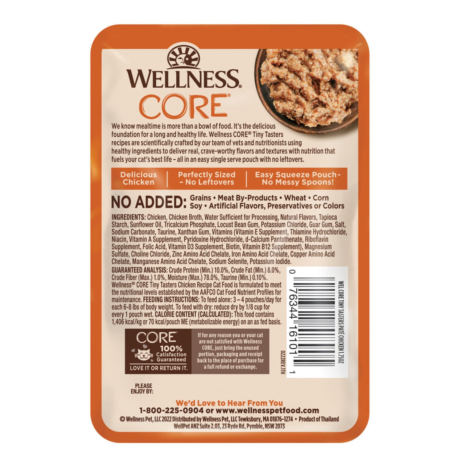 Wellness Core Tiny Tasters Pate Adult Wet Cat Food, Natural, Protein-Rich, Grain Free, 1.75 Ounce Pouch, 12 Pack - Chicken Pate