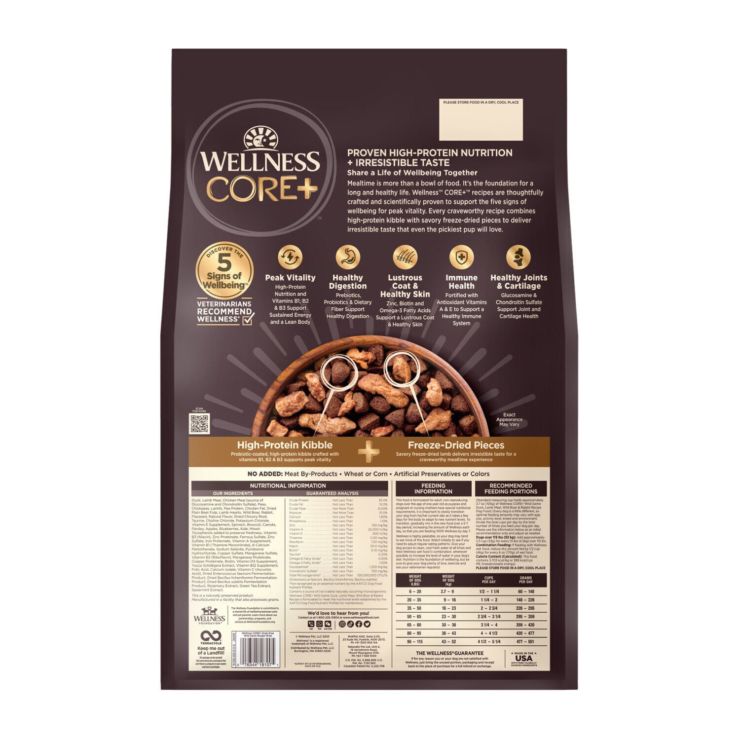 Wellness Core+ Dry Dog Food With Freeze Dried Pieces, Grain Free, High Protein, Natural, Wild Game Duck, Lamb, Wild Boar, & Rabbit Recipe, 4-Pound Bag