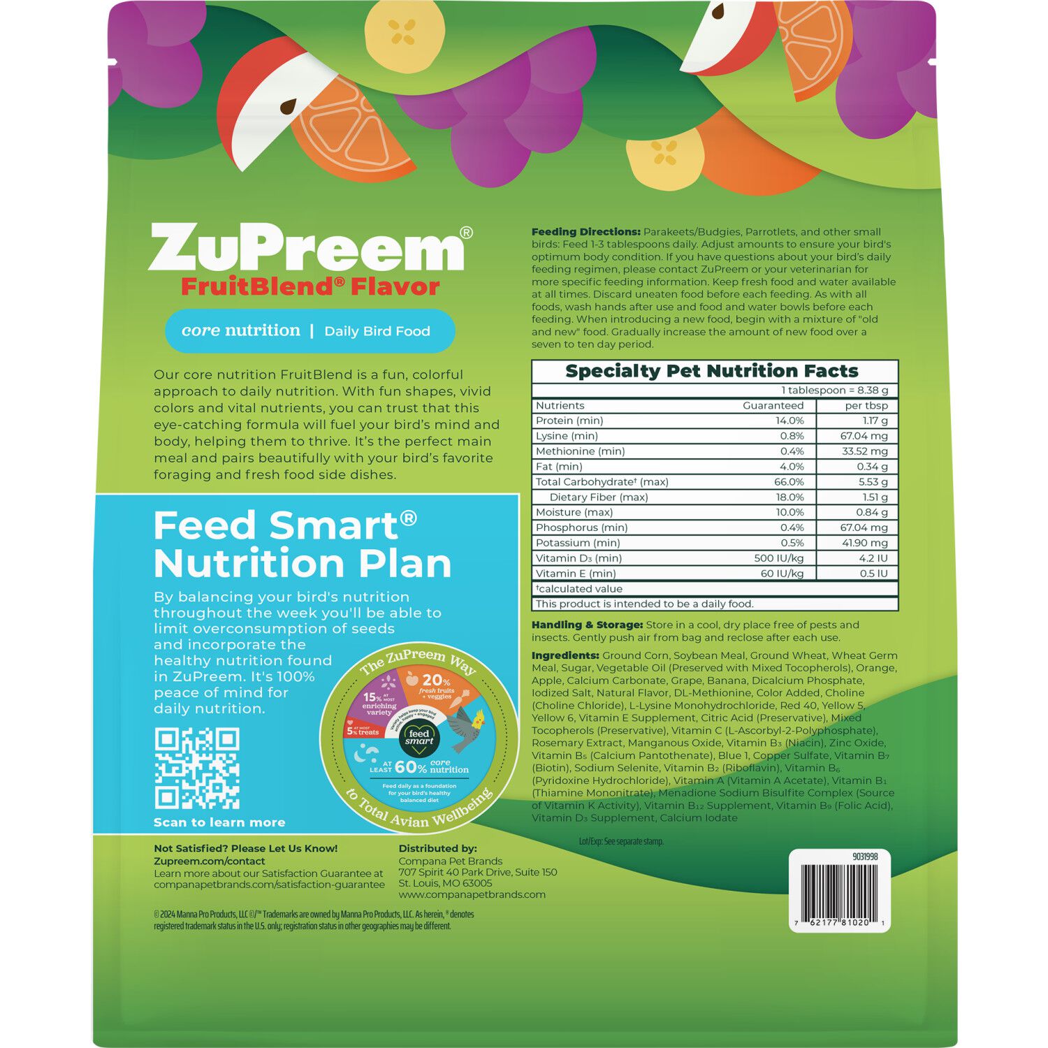 Zupreem Fruit Blend Flavor Bird Food For Small Birds, 2-Lb