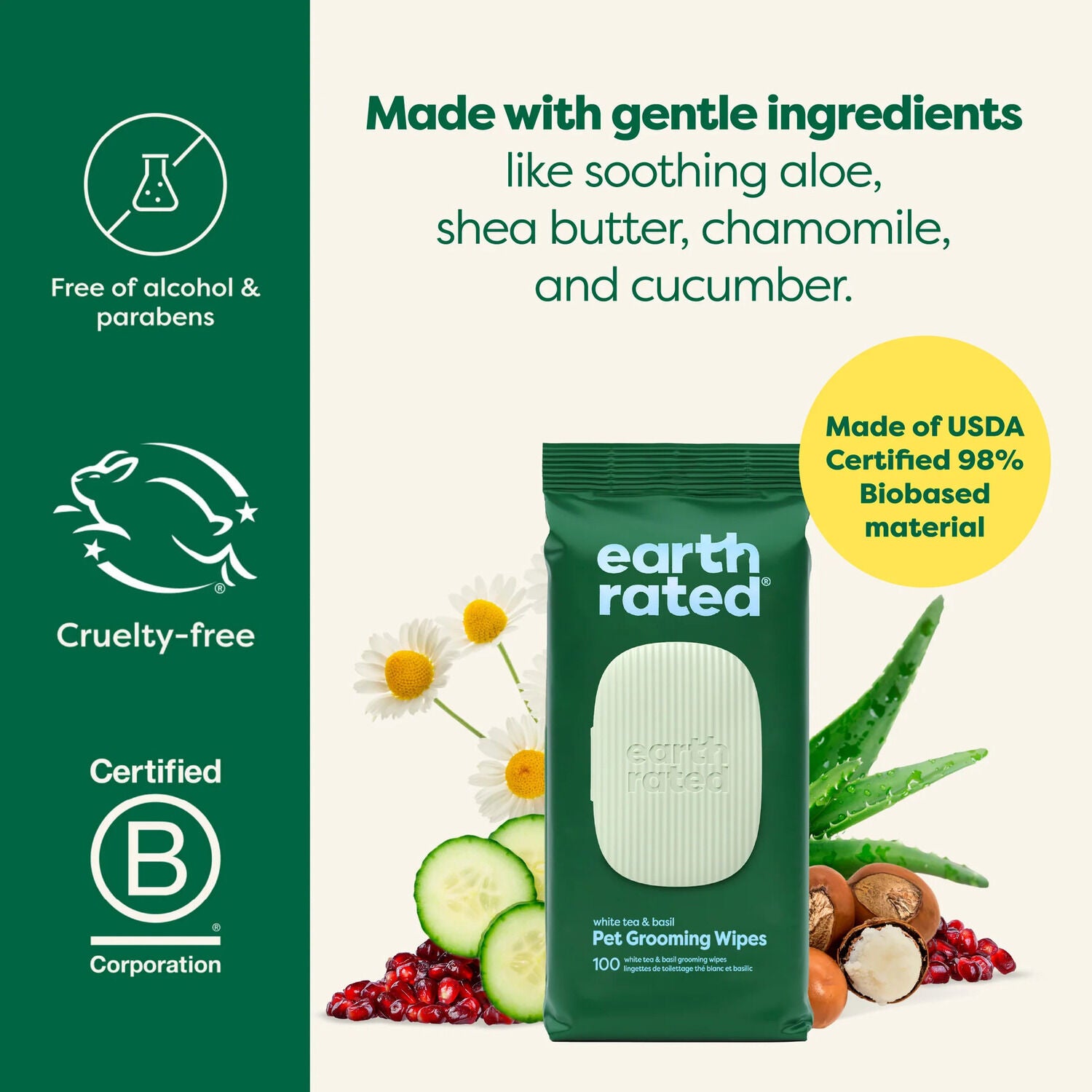 Earth Rated Dog Grooming Wipes, White Tea & Basil Scent, 100-Count