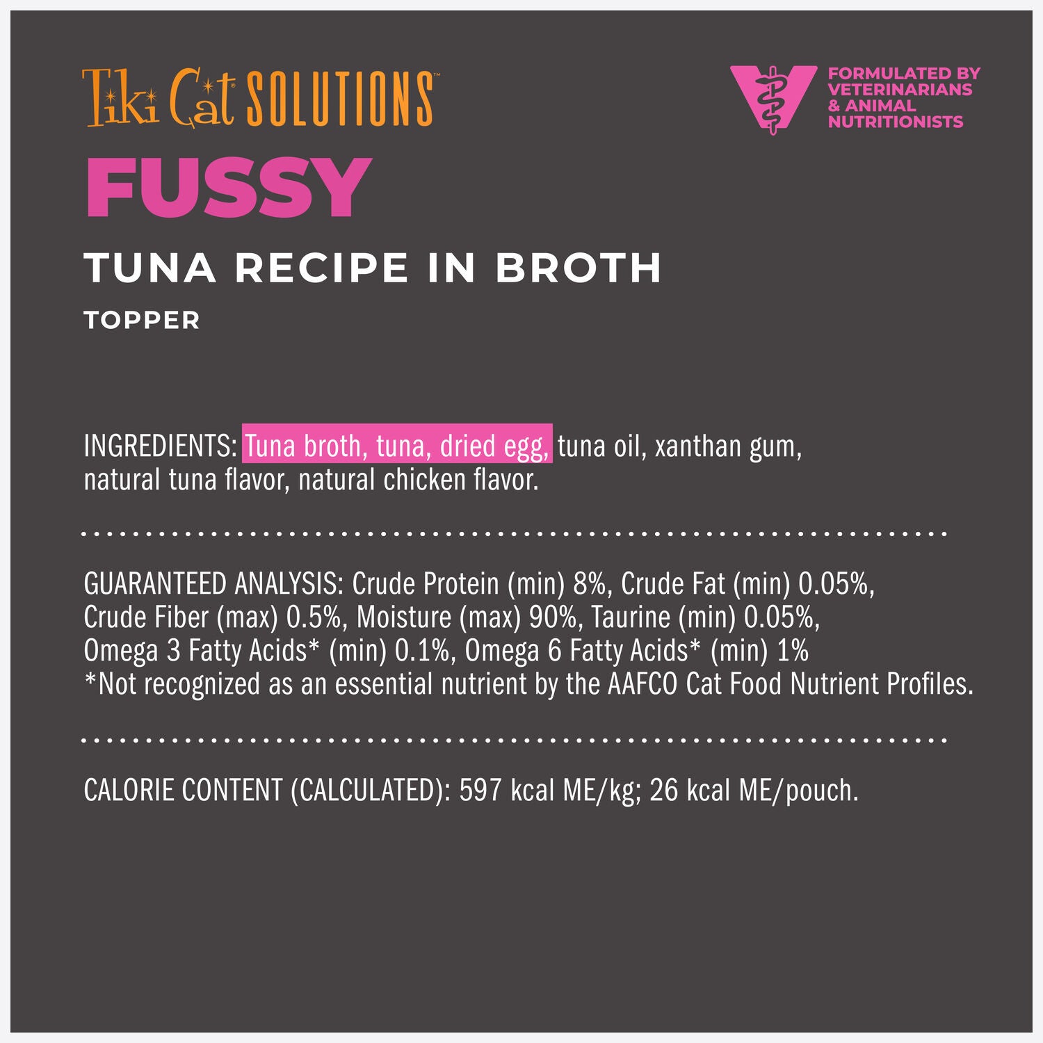 Tiki Cat Solutions Topper, Fussy, Tuna Recipe In Broth, 1.5-Oz Pouch Pack Of 12