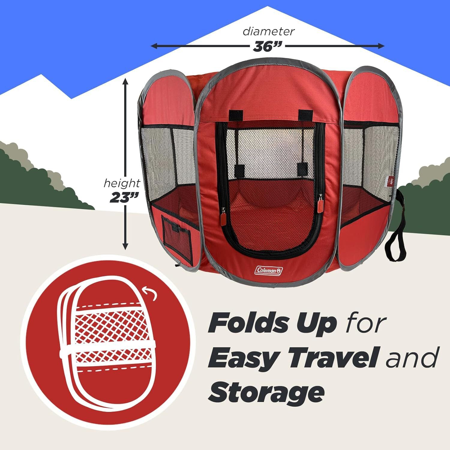 Coleman Foldable Portable Indoor/Outdoor Dog Playpen, 36" X 23", Red