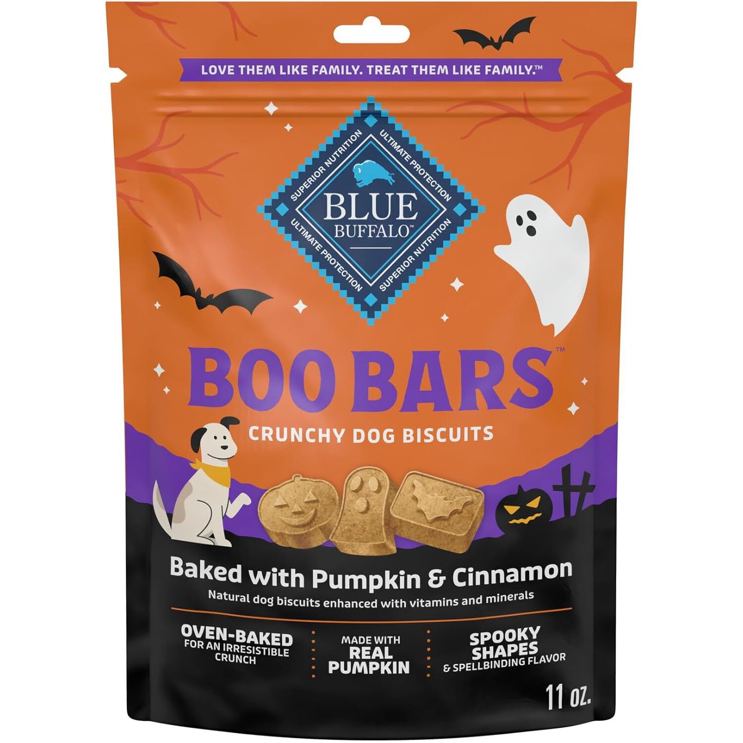 Blue Buffalo Boo Bars Crunchy Halloween Dog Biscuit Treats, Pumpkin & Cinnamon Flavor, 11-Oz Bag