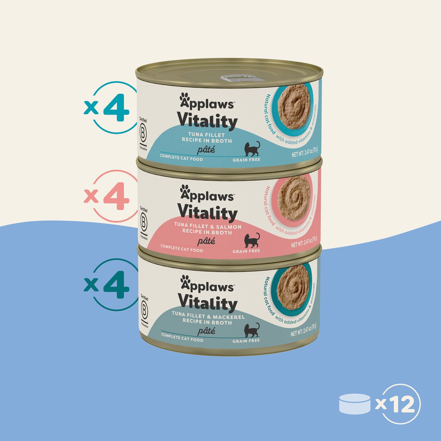 Applaws Vitality Natural Wet Cat Food With Added Vitamins & Minerals Fish Selection P&acirc;t&eacute; Variety Pack, 2.47-Oz Pack Of 12