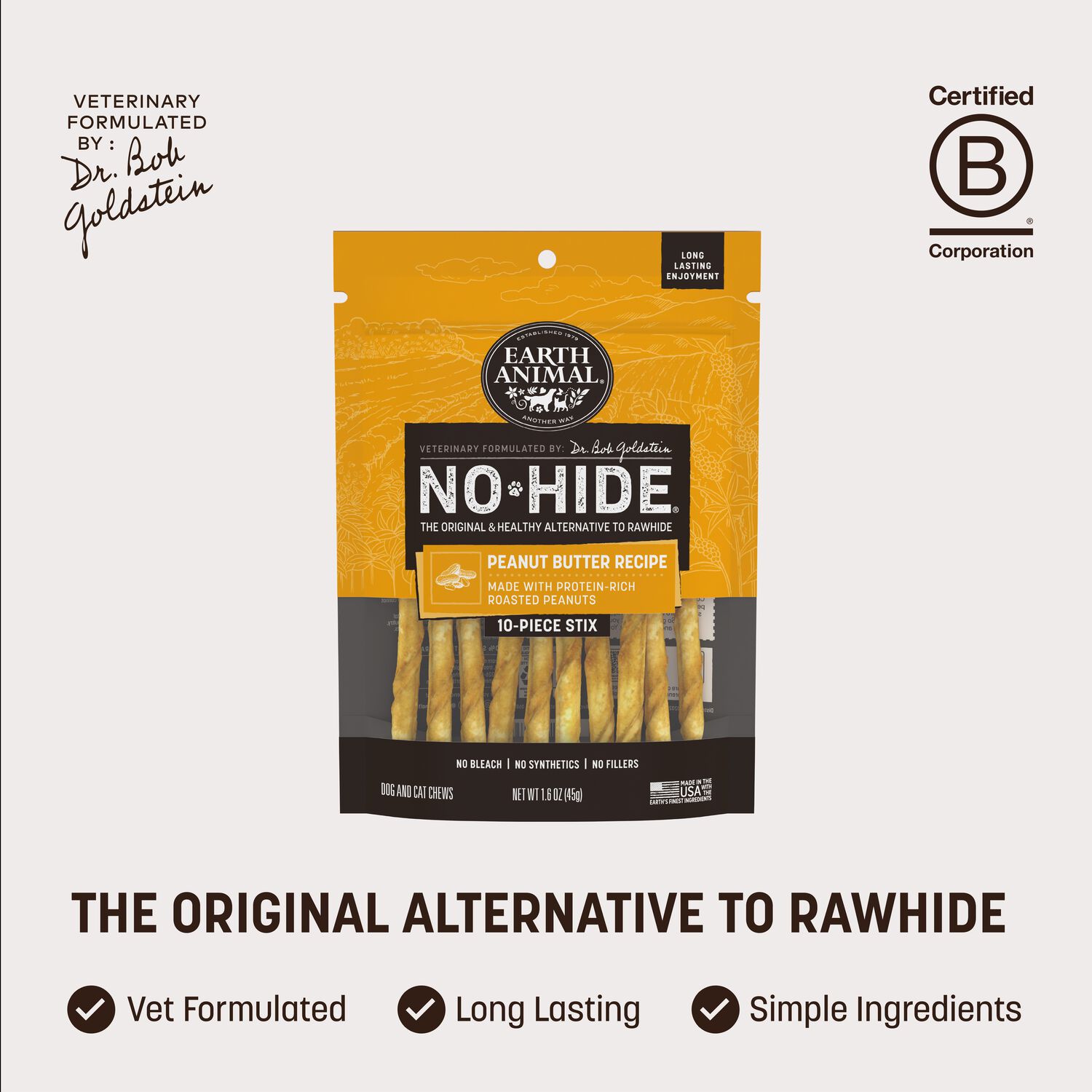 Earth Animal No-Hide Rawhide Alternative&nbsp;Peanut Butter Recipe Stix Dog & Cat Treats, 10 Pack