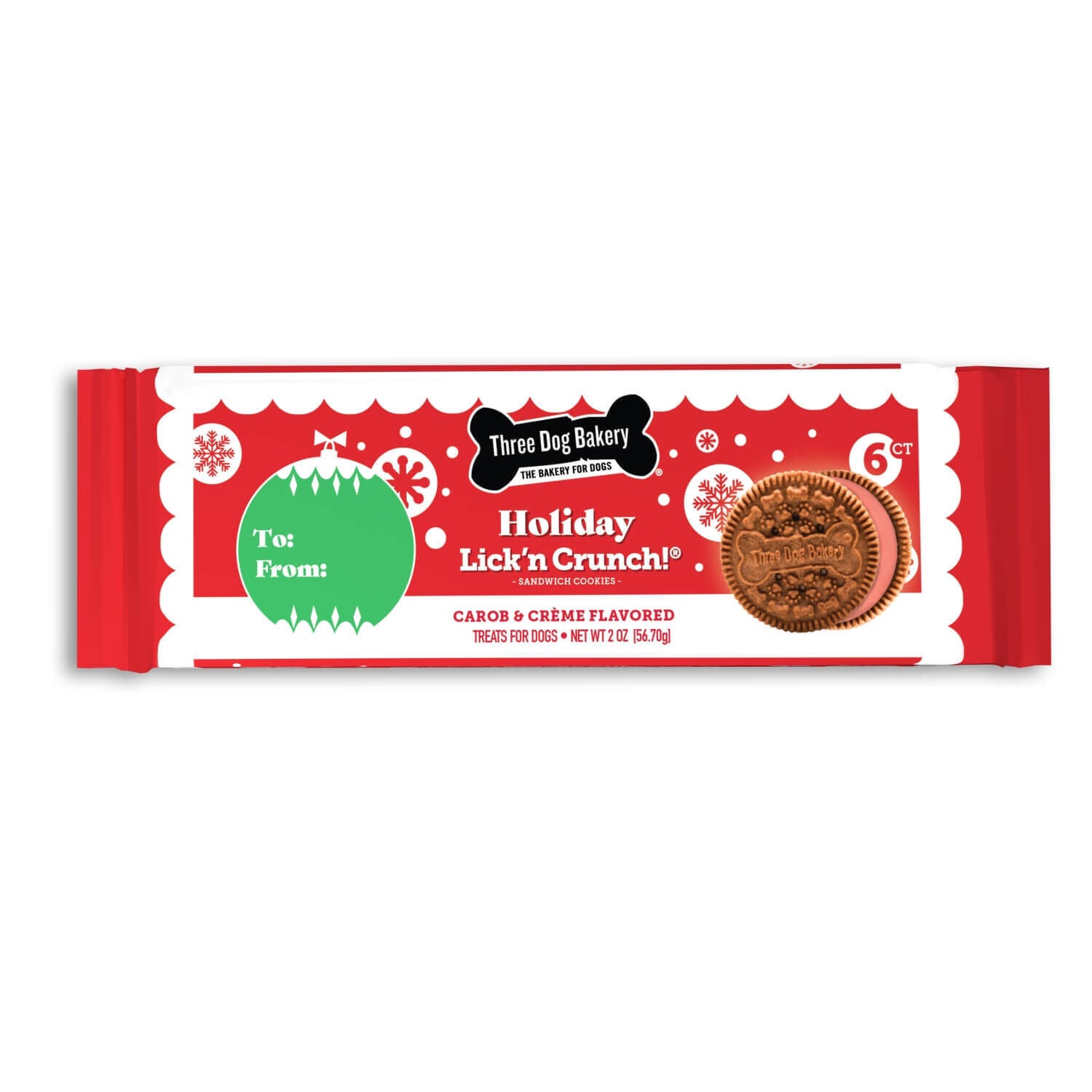 Three Dog Bakery Holiday Lick 'N Crunch Cookies Dog Treats, Carob & Cream Flavor, 6-Pack