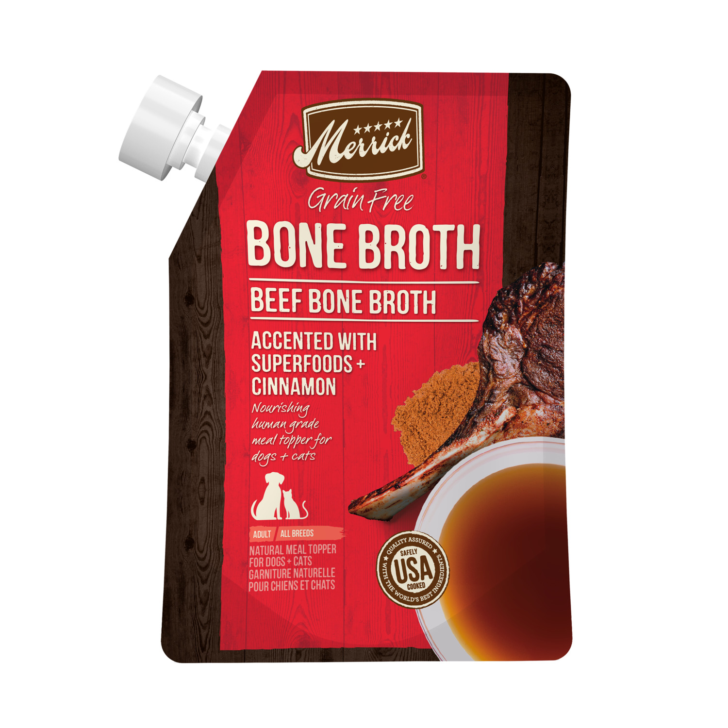 Merrick Grain-Free Bone Broth, Premium Human Grade And Gluten Free Dog And Cat Food Topper Pouches, Beef, 16-Oz Pouch