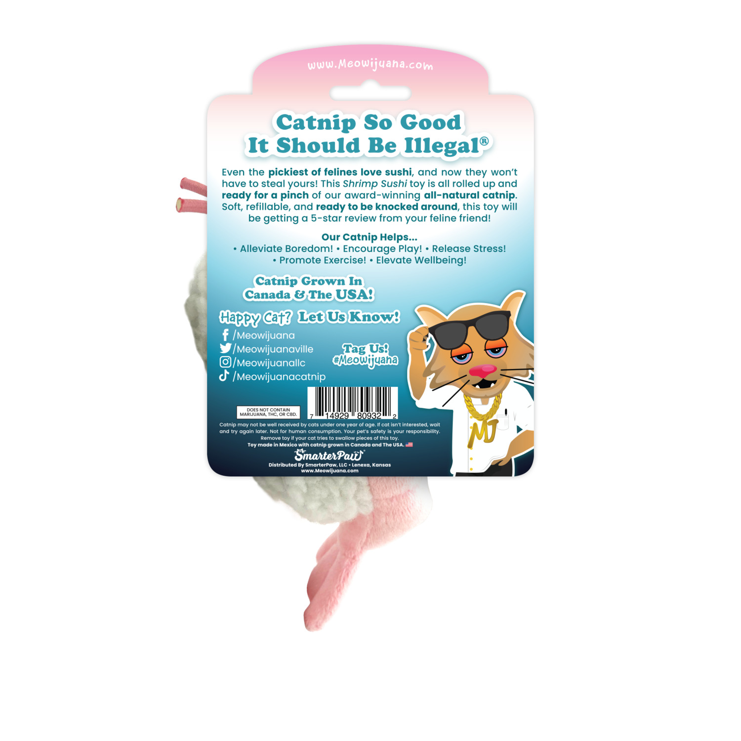 Meowijuana Get Wrapped Refillable Shrimp Sushi Roll & Catnip Cat Toy