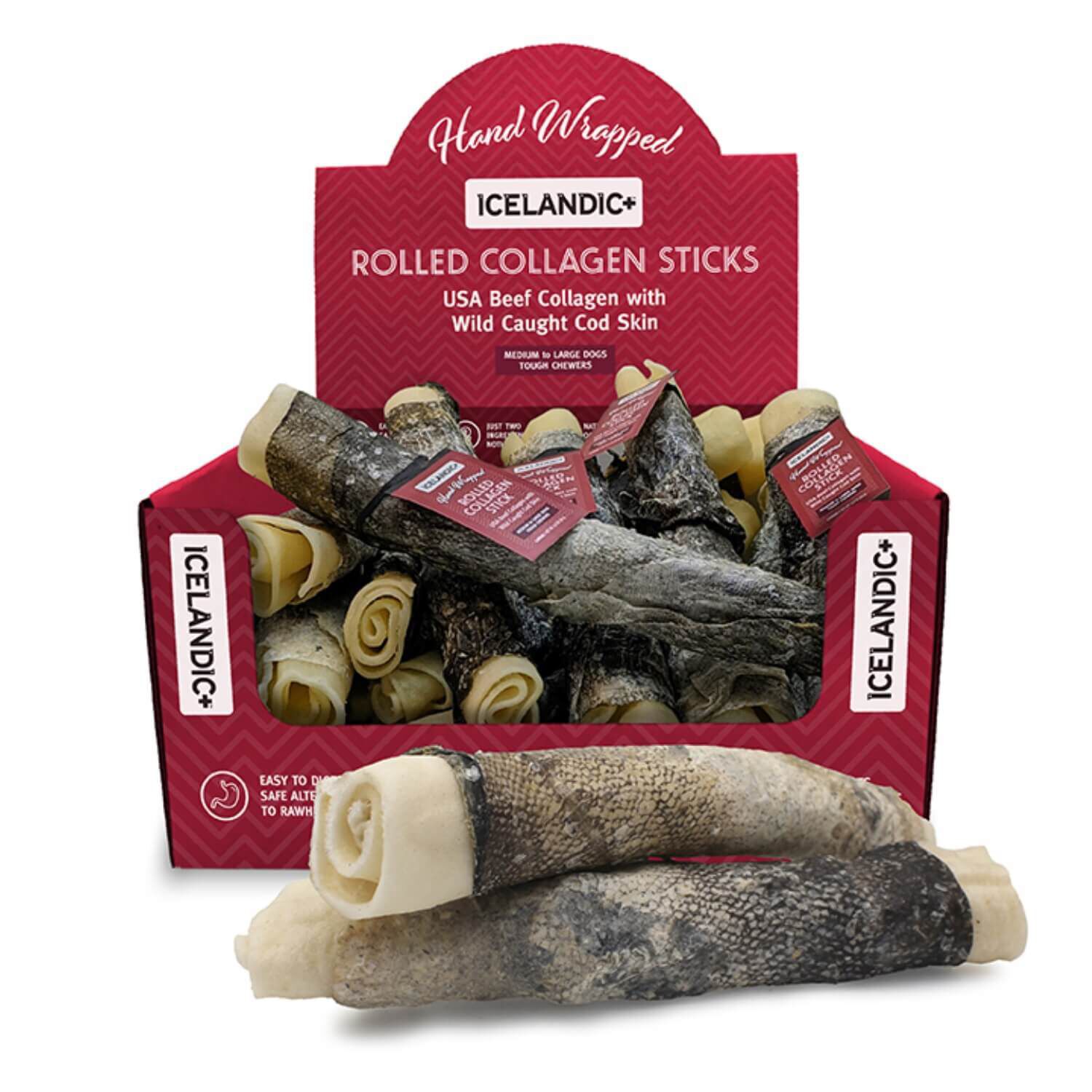 Icelandic+ Beef Rolled Collagen Stick Wrapped With Wild Caught Cod Skin Dog Treat For Medium To Large Dogs