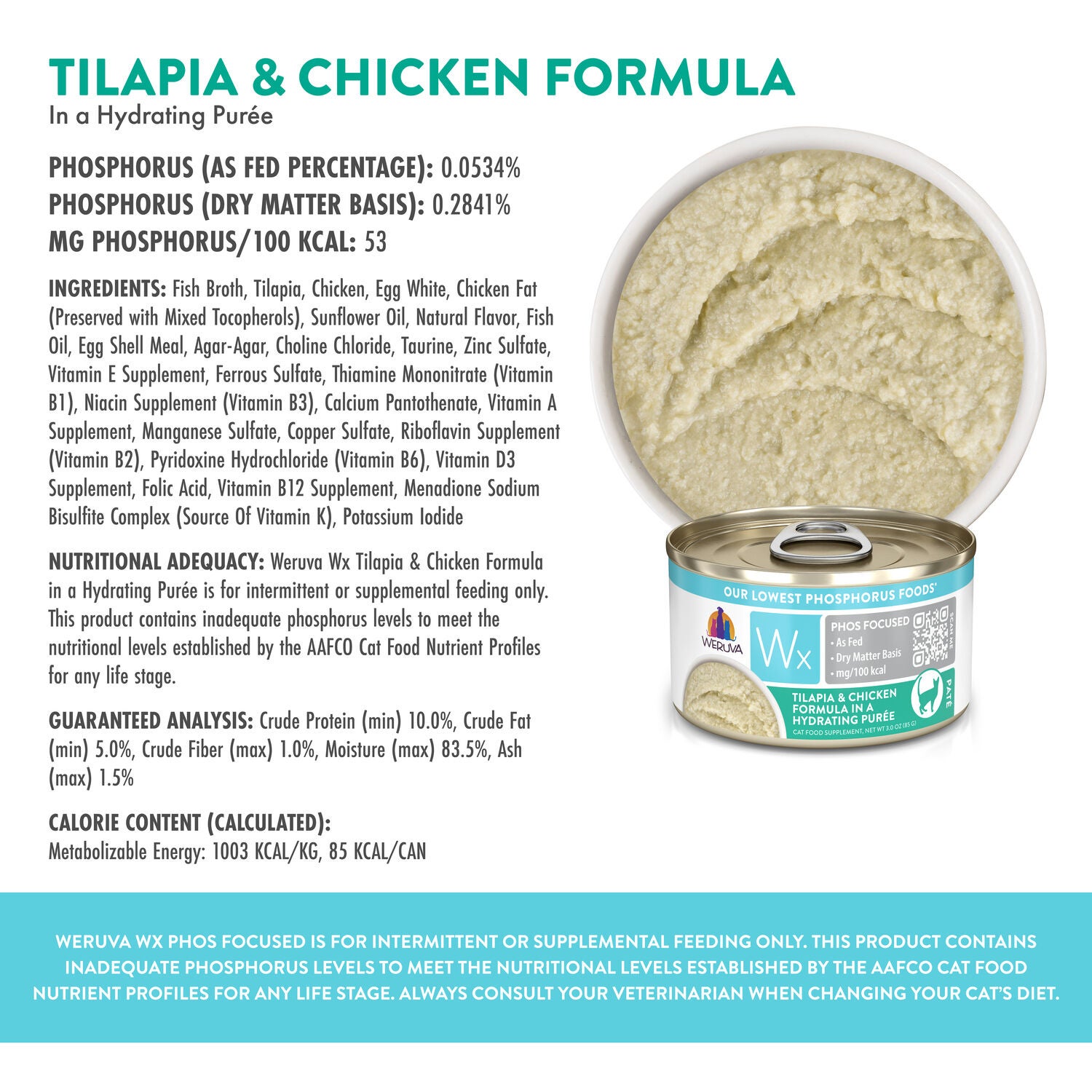 Weruva Wx Phos Focused Tilapia & Chicken Formula In A Hydrating Pur&eacute;e Wet Cat Food, 3-Oz Can Pack Of 12