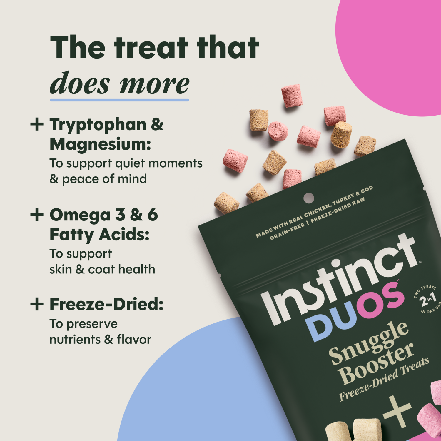 Instinct Duos Snuggle Booster 2:1 Tranquility + Skin & Coat Health  Freeze-Dried Dog Treats, 4-Oz