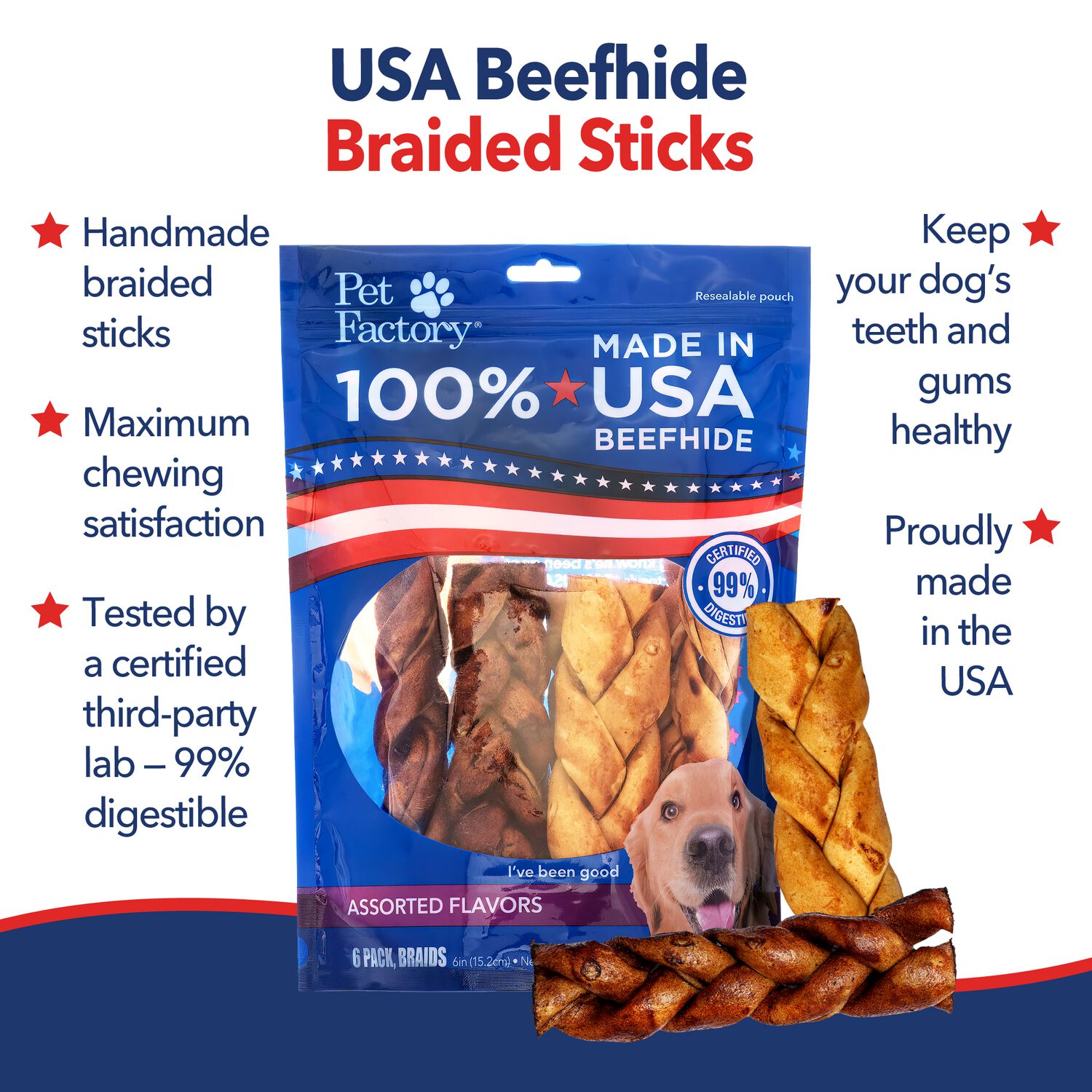 Pet Factory American Beefhide Braided Sticks Dog Treats, Beef & Chicken Variety Pack, 6" Pack Of 6