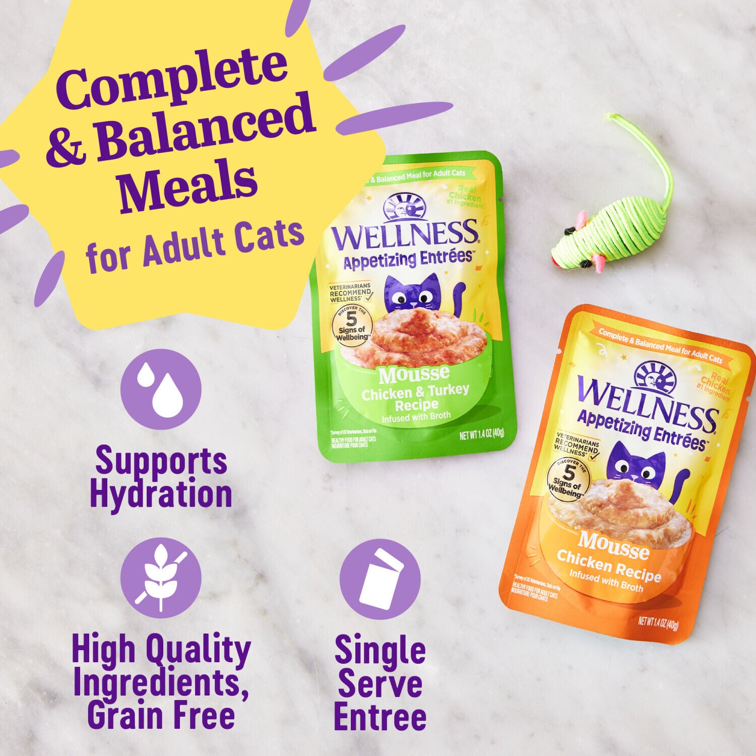 Wellness Appetizing Entr&eacute;es Mousse Adult Wet Cat Food, Natural, Protein-Rich, Grain Free Chicken & Turkey Recipe, 1.4 Ounce Pouch, 8 Pack
