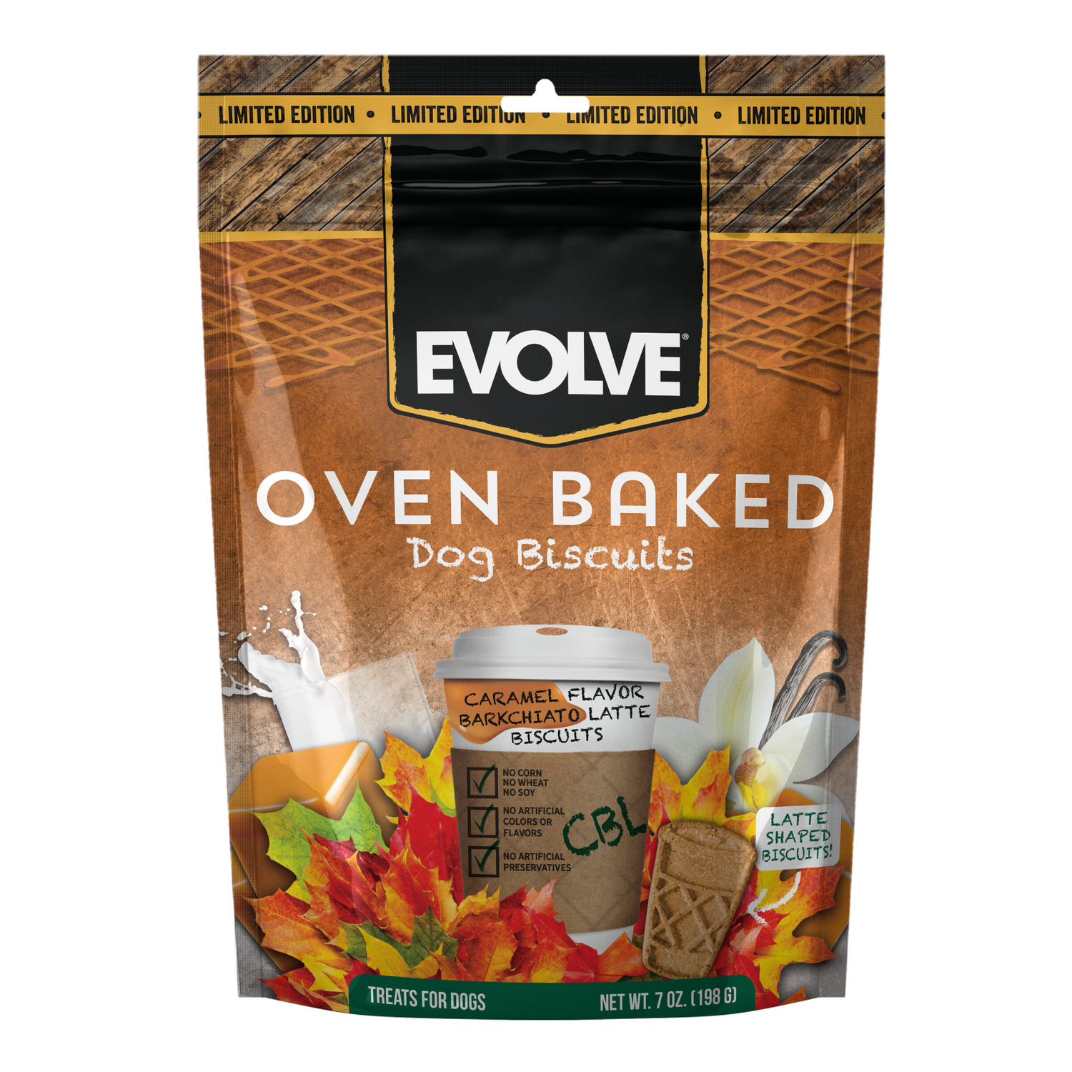 Evolve Caramel Barkchiato Latte Flavor Oven Baked Biscuits Dog Treats, 7-Oz