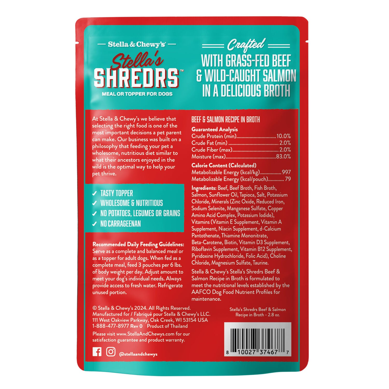 Stella & Chewy's Stella's Shredrs Wet Dog Food, Beef & Salmon Recipe In Broth, 2.8-Oz. Pouch