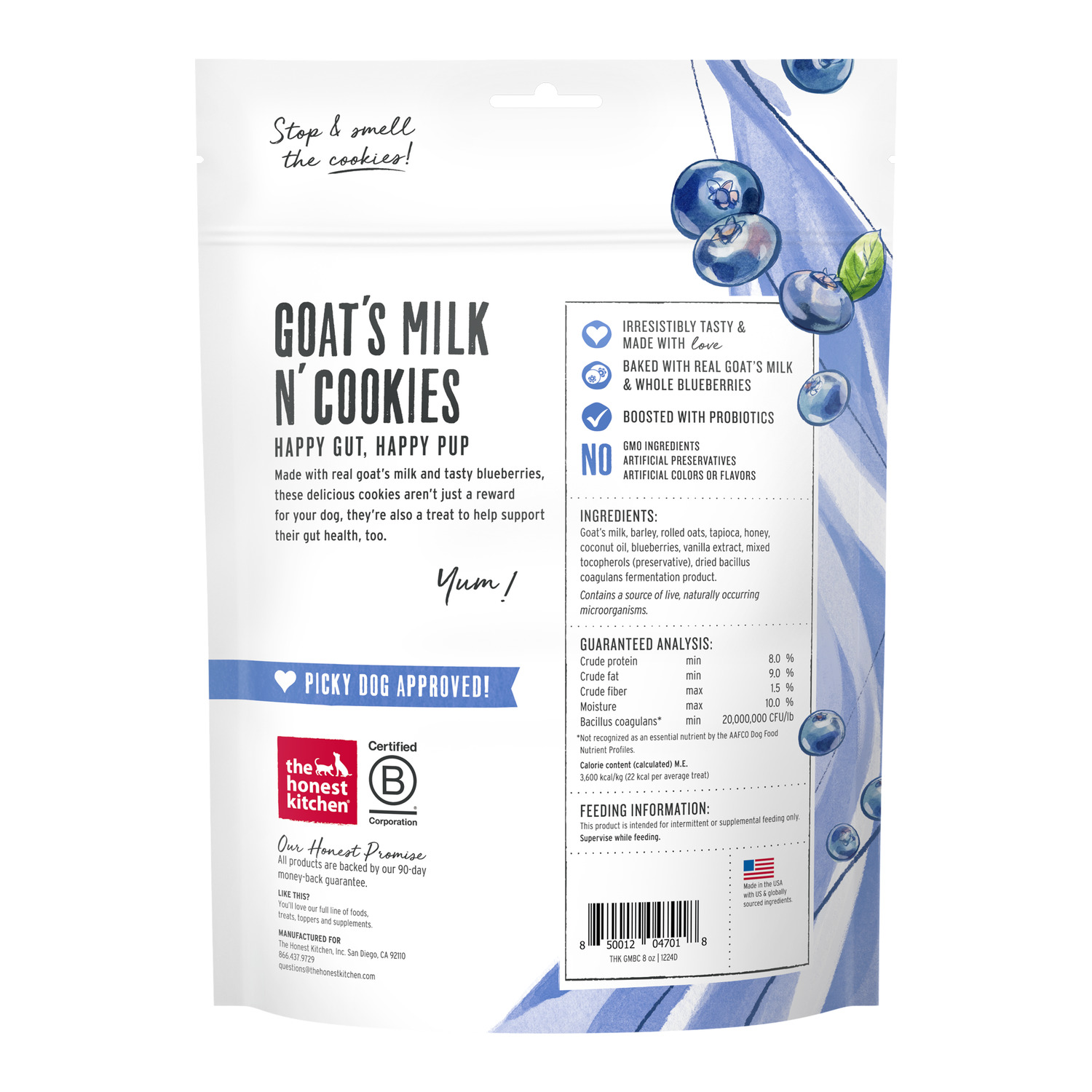 The Honest Kitchen Goat's Milk N' Cookies Slow Baked With Blueberries & Vanilla Biscuit Dog Treats, 8-Oz