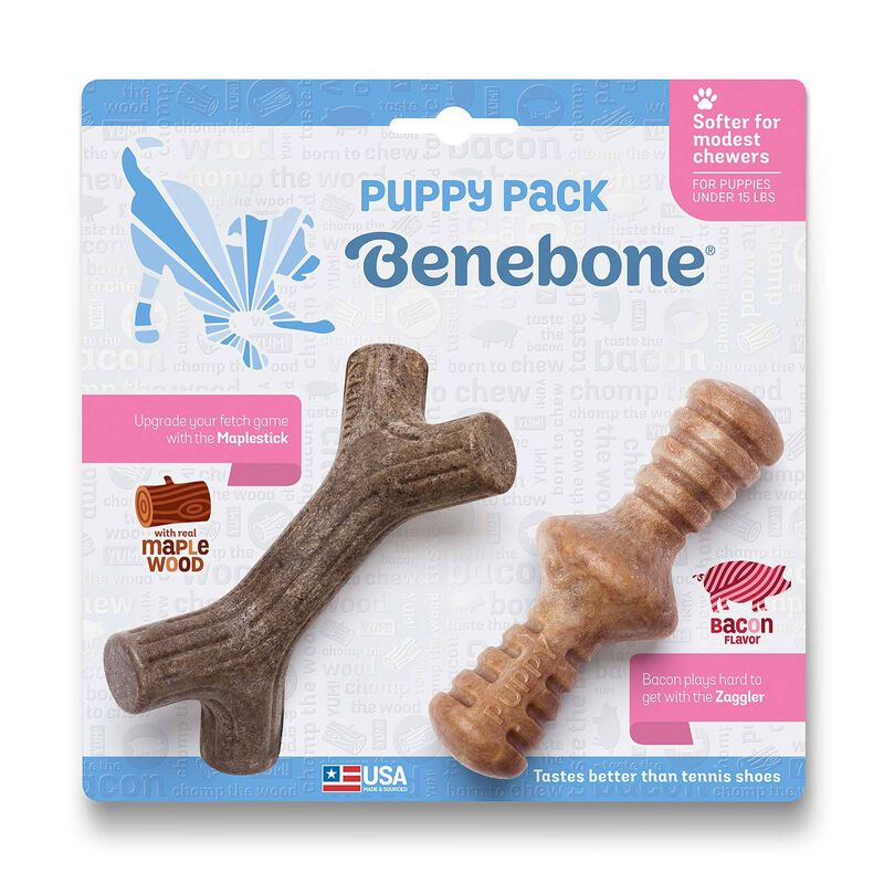 Benebone Puppy 2 Pack Maplestick/Zaggler Bacon Tiny Dog Toy image number 1