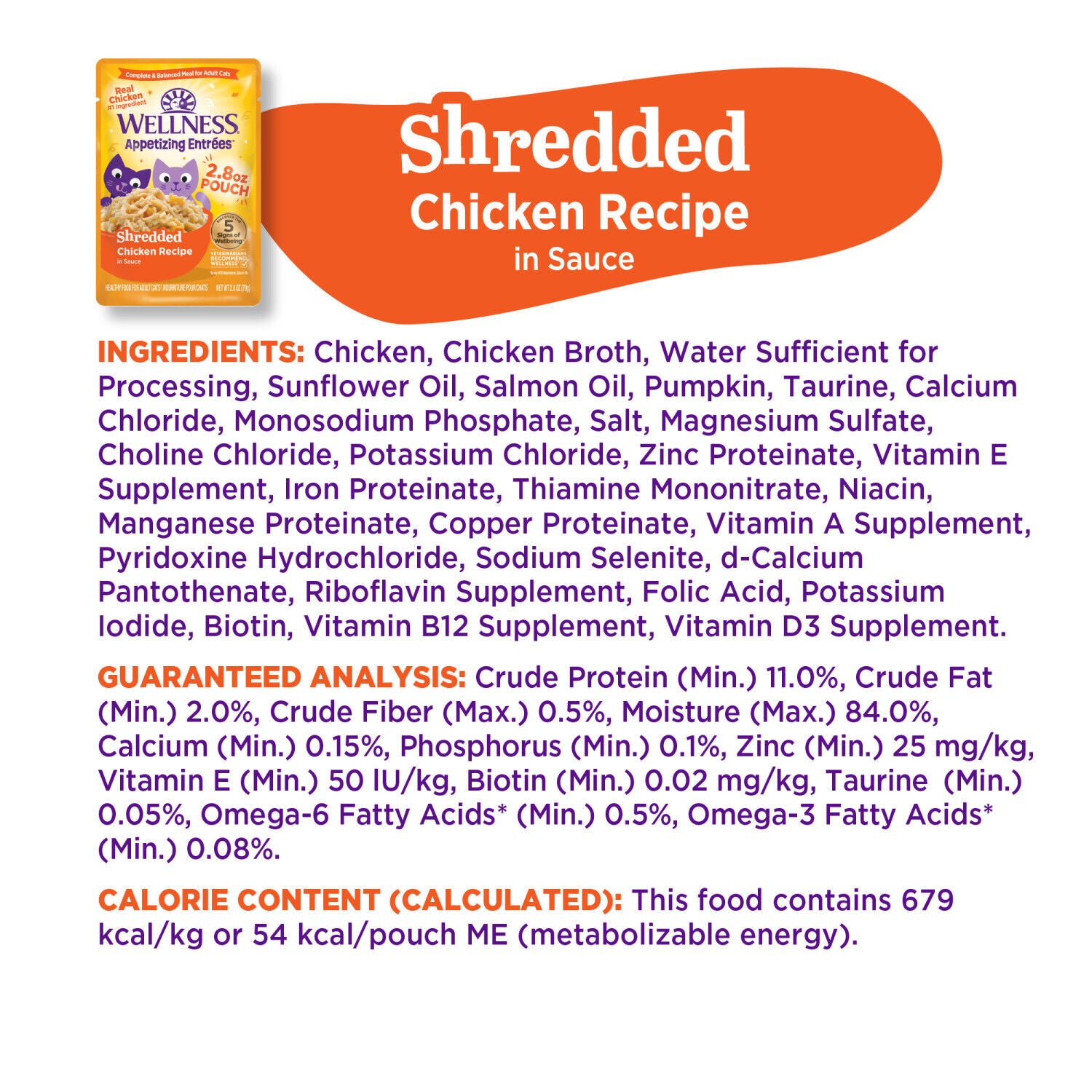 Wellness Appetizing Entr&eacute;es Shredded Adult Wet Cat Food Chicken Recipe, Natural, Protein-Rich, Grain Free, 1.4 Ounce Pouch