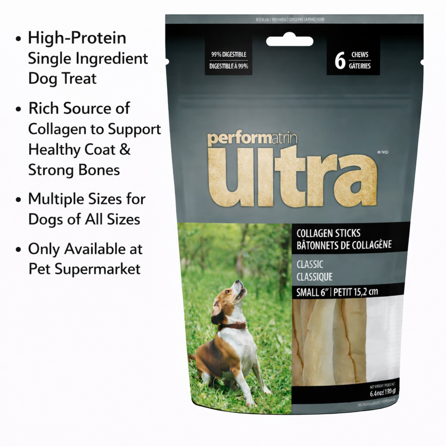 Performatrin Ultra Collagen Stick Rawhide Alternative Dog Treat, 6", Pack Of 6