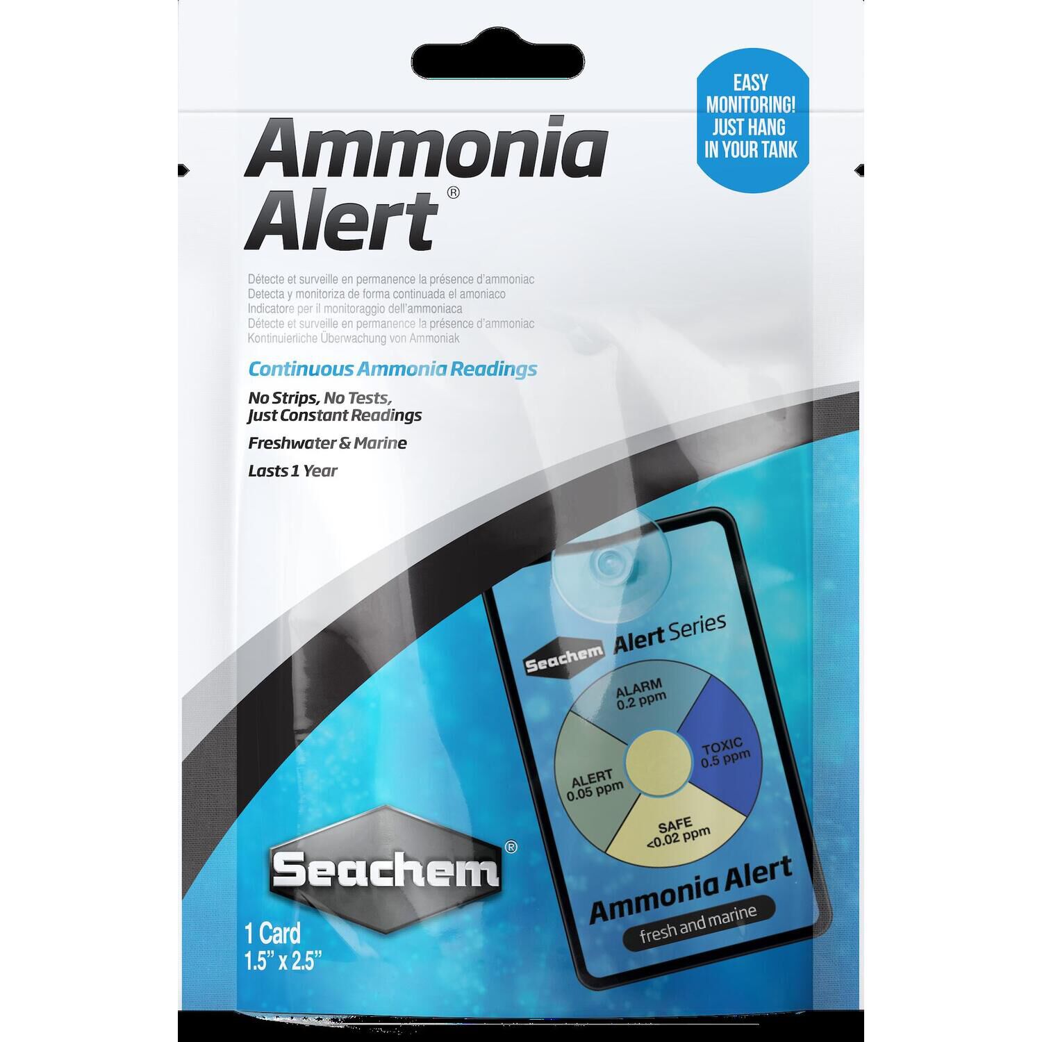 Seachem Laboratories 1 Year Ammonia Alert Monitor For Aquariums, 1 Card - 1.5" X 2.5"