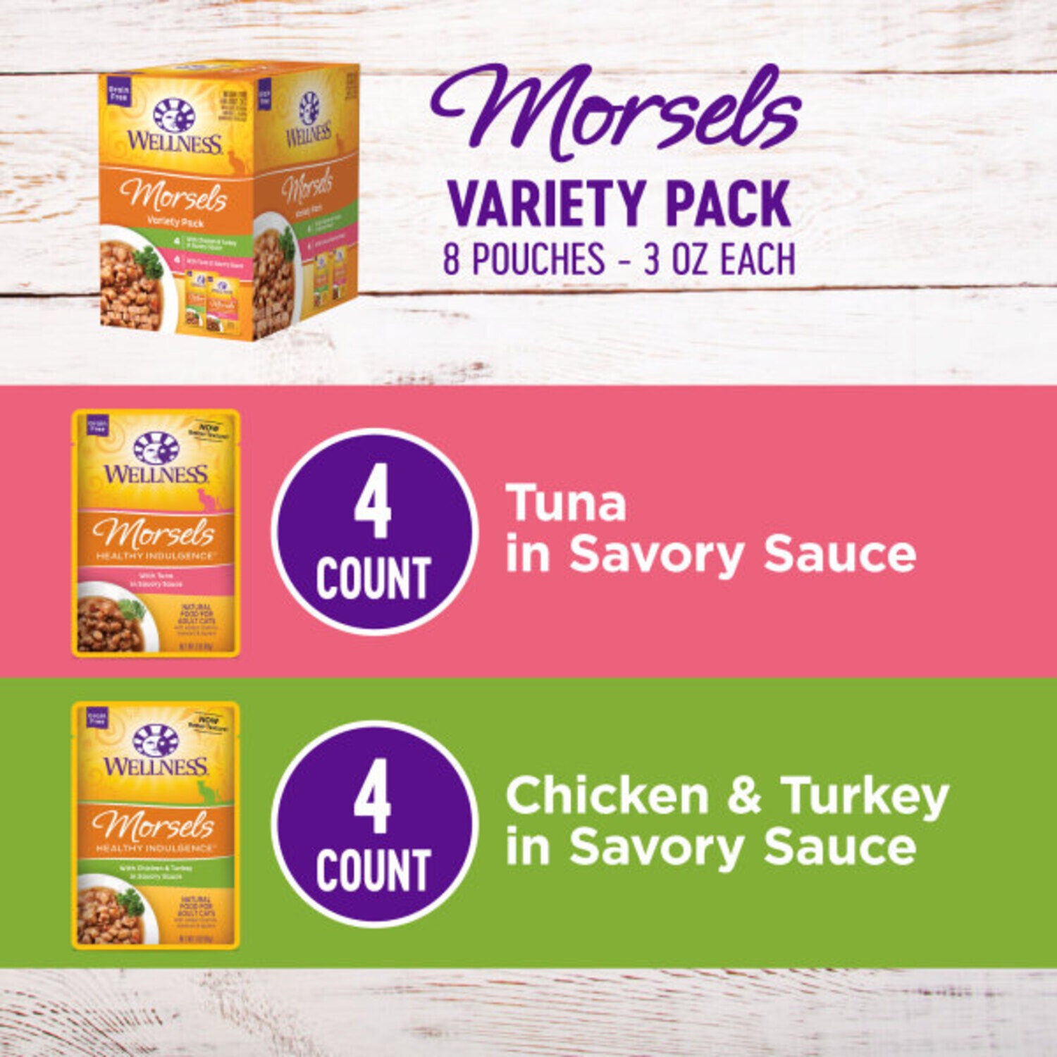 Wellness Healthy Indulgence Morsels Adult Wet Cat Food, Natural, Protein-Rich, Grain-Free Morsels Variety Pack, 3-Oz Pouch 8-Pack