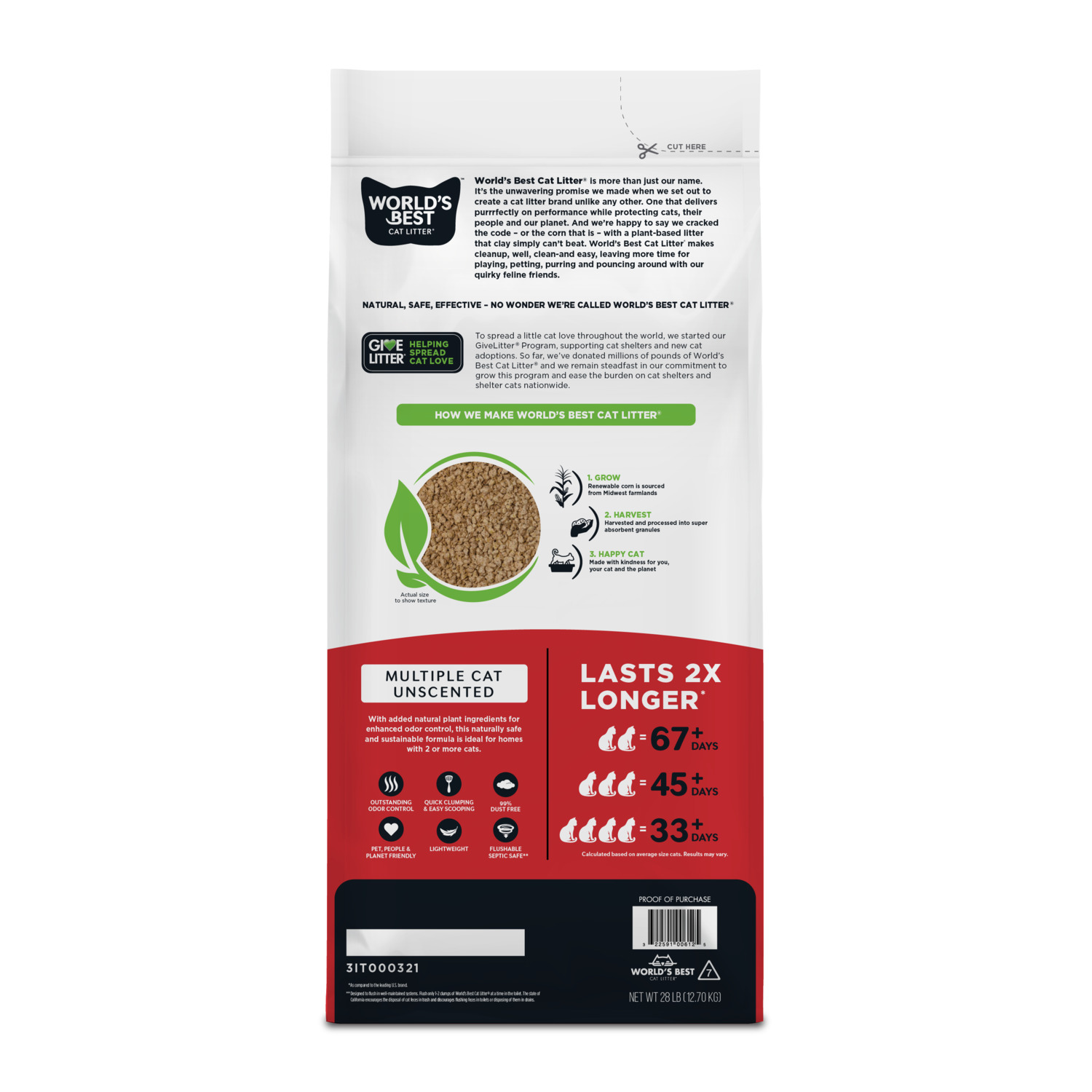 World's Best Multi-Cat Unscented Clumping Cat Litter, 28-Lb