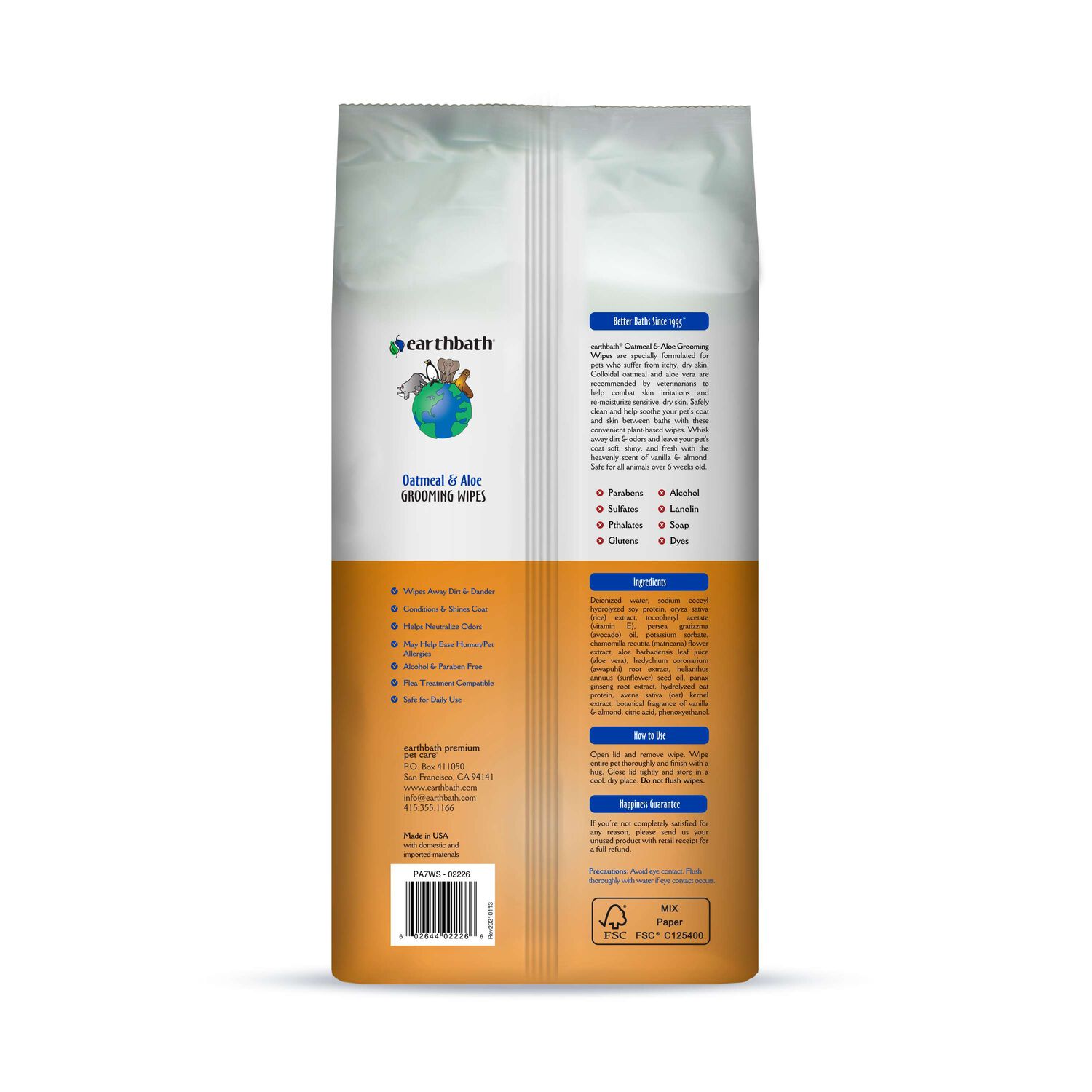 Earthbath Oatmeal & Aloe Cat & Dog Grooming Wipes, Vanilla & Almond Scented, 100-Ct