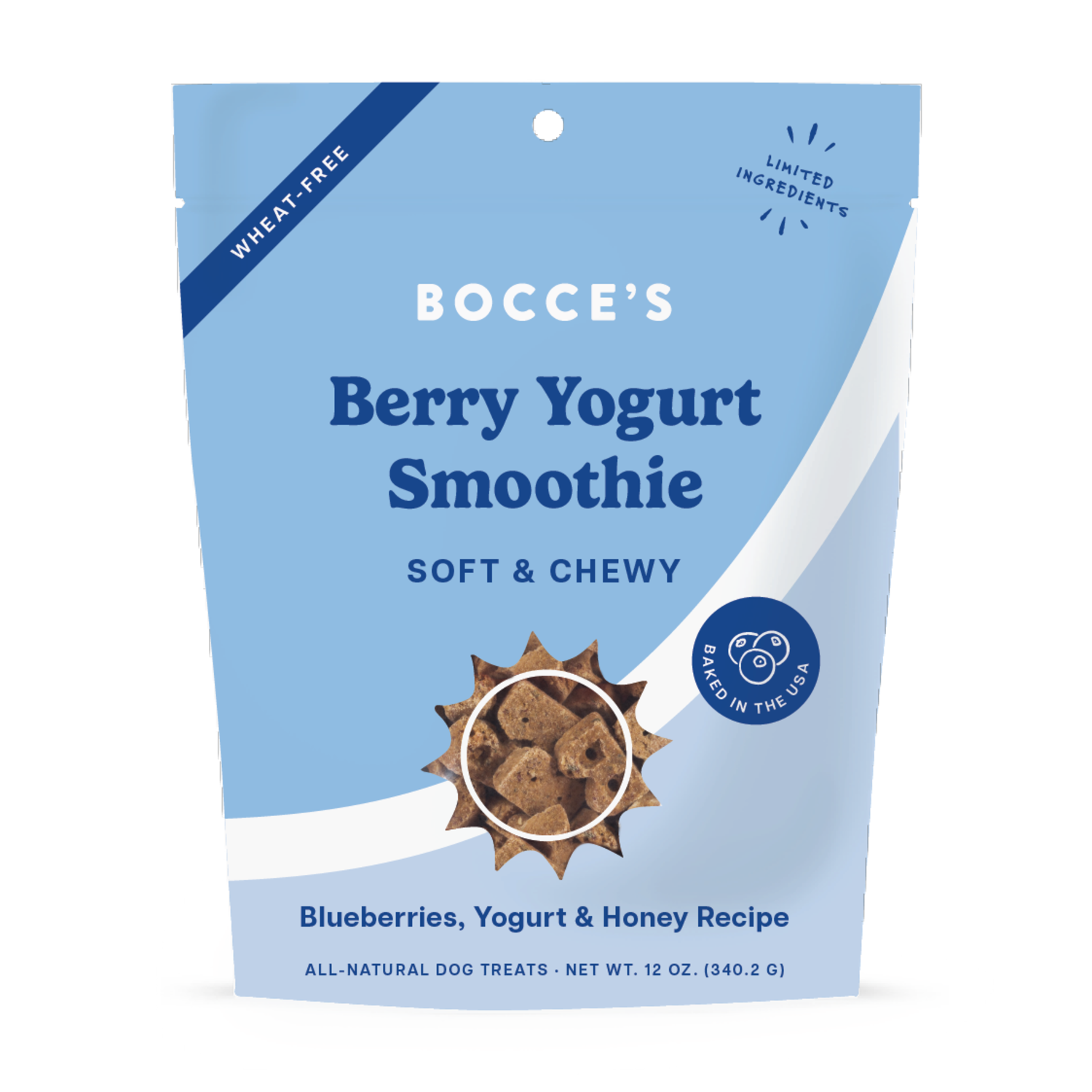 Bocce's Bakery Berry Yogurt Smoothie Soft & Chewy Dog Treats, Blueberry, Banana, & Yogurt Recipe; 12-Oz Bag