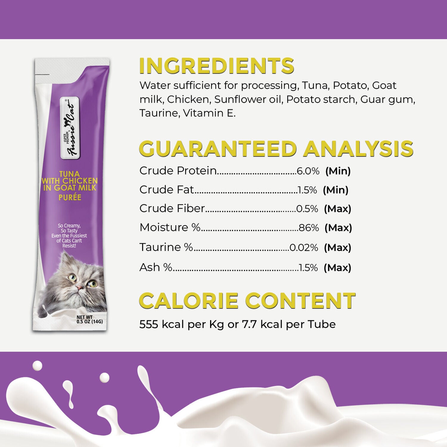 Fussie Cat Premium Tuna With Chicken In Goat Milk Puree Lickable Cat Treat, 4-2Oz Tubes