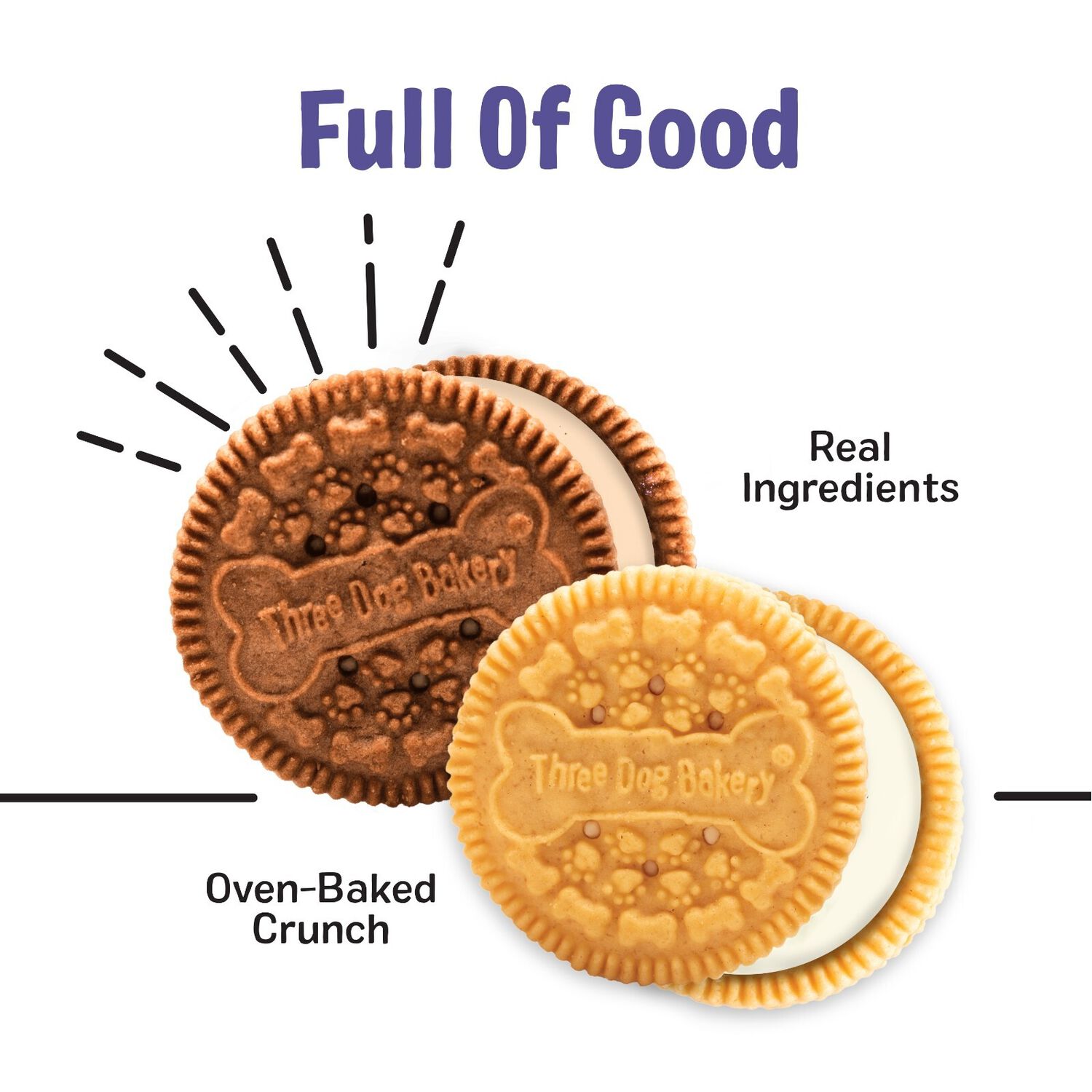 Three Dog Bakery Lick'n Crunch Sandwich Cookies Carob & Peanut Butter Flavors & Golden & Vanilla Flavor Biscuit Dog Treats, 26-Oz Package