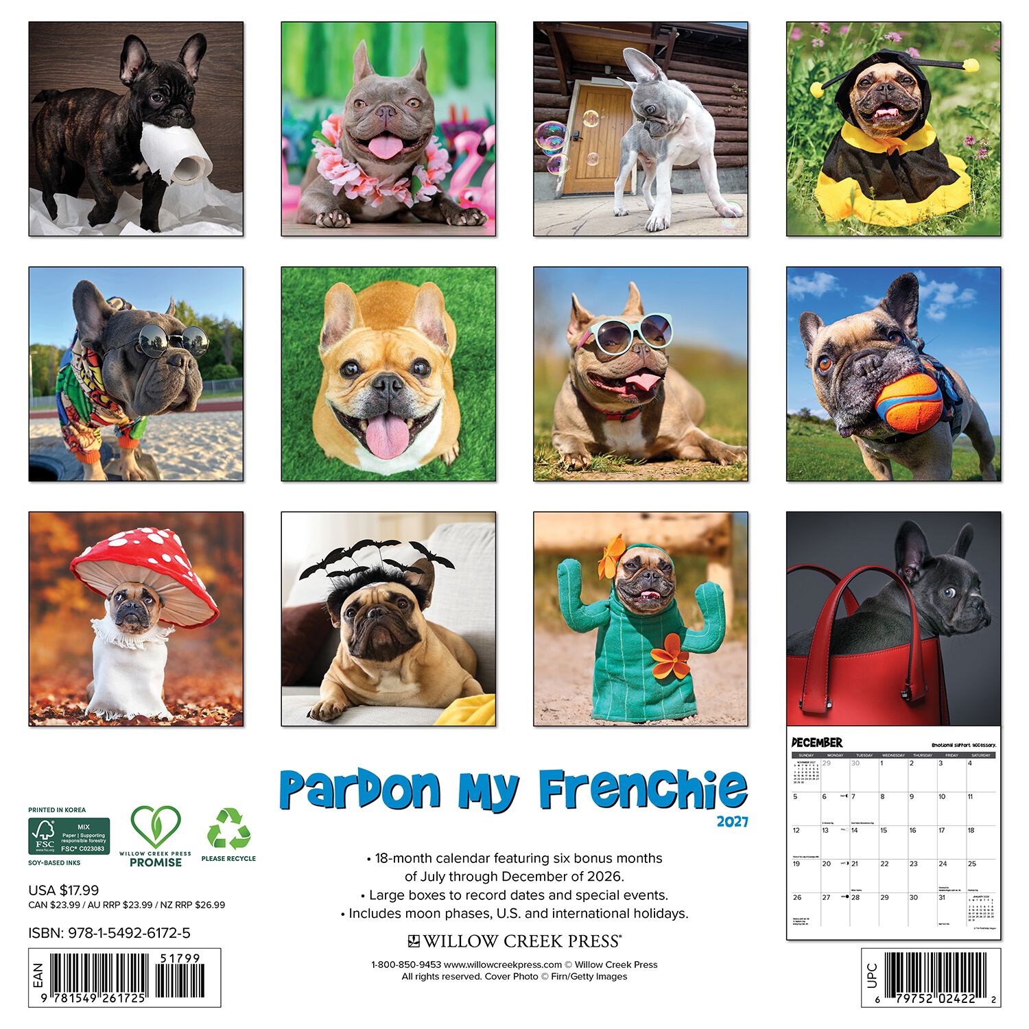 Willow Creek Press Pardon My Frenchie 2027 12" X 12" Wall Calendar